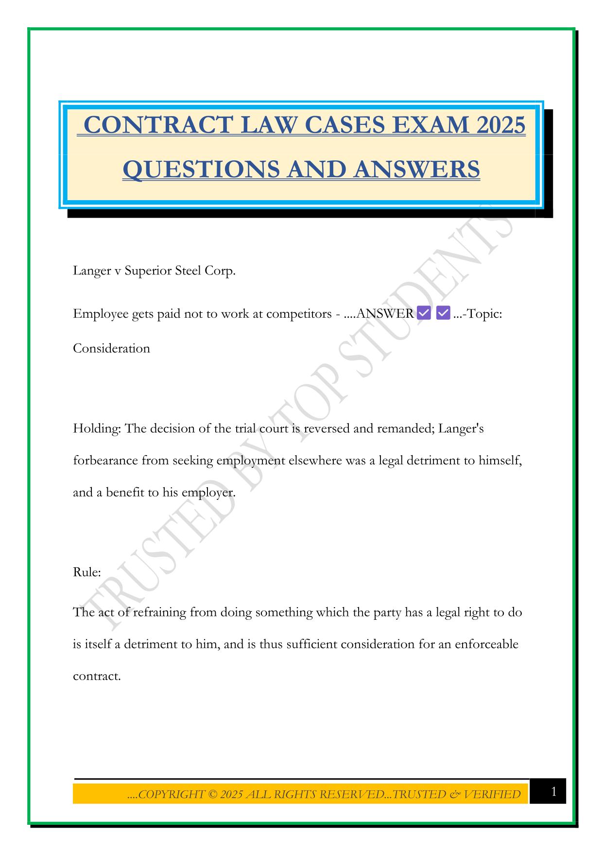CONTRACT LAW CASES EXAM 2025 QUESTIONS AND ANSWERS
