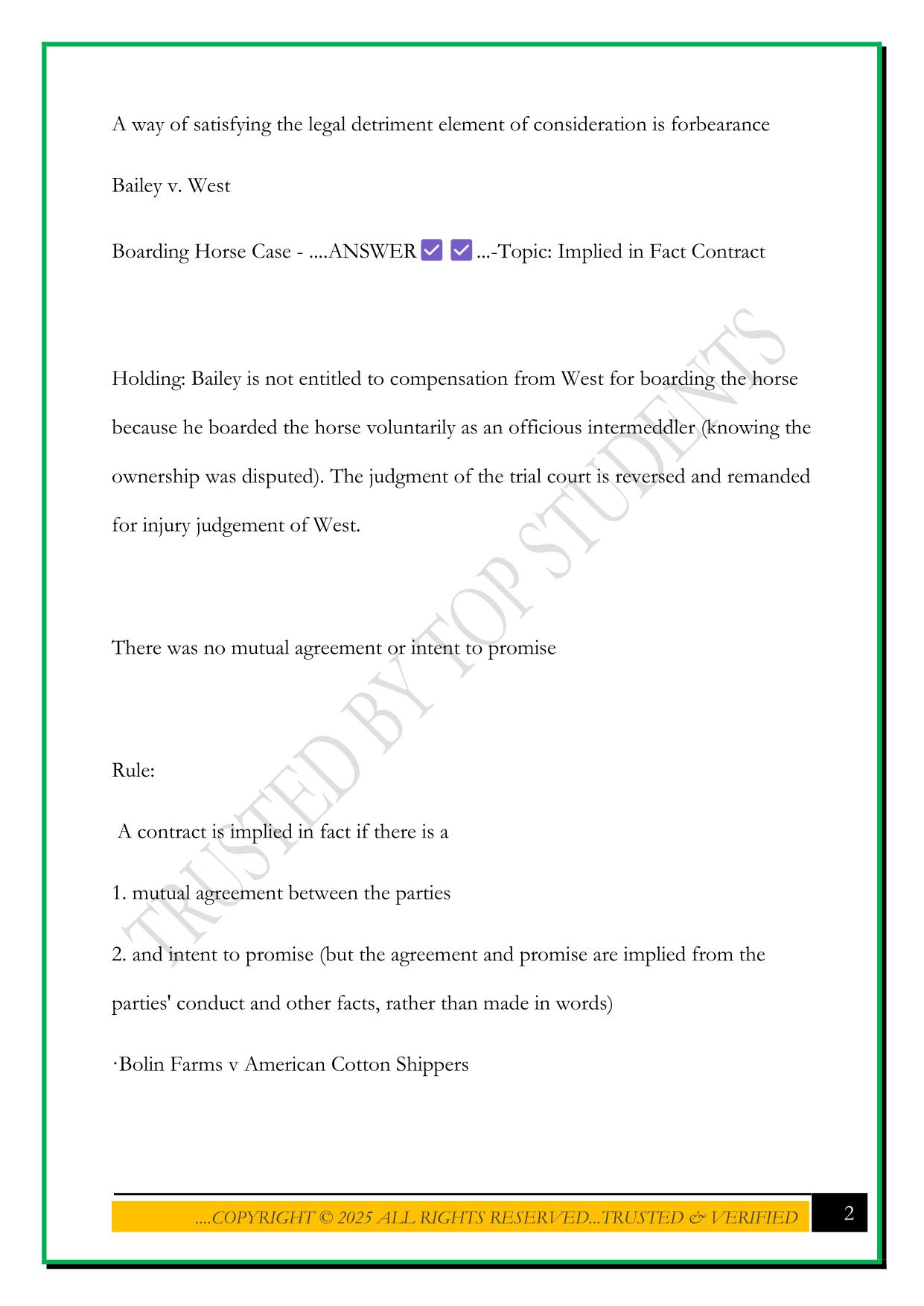 CONTRACT LAW CASES EXAM 2025 QUESTIONS AND ANSWERS