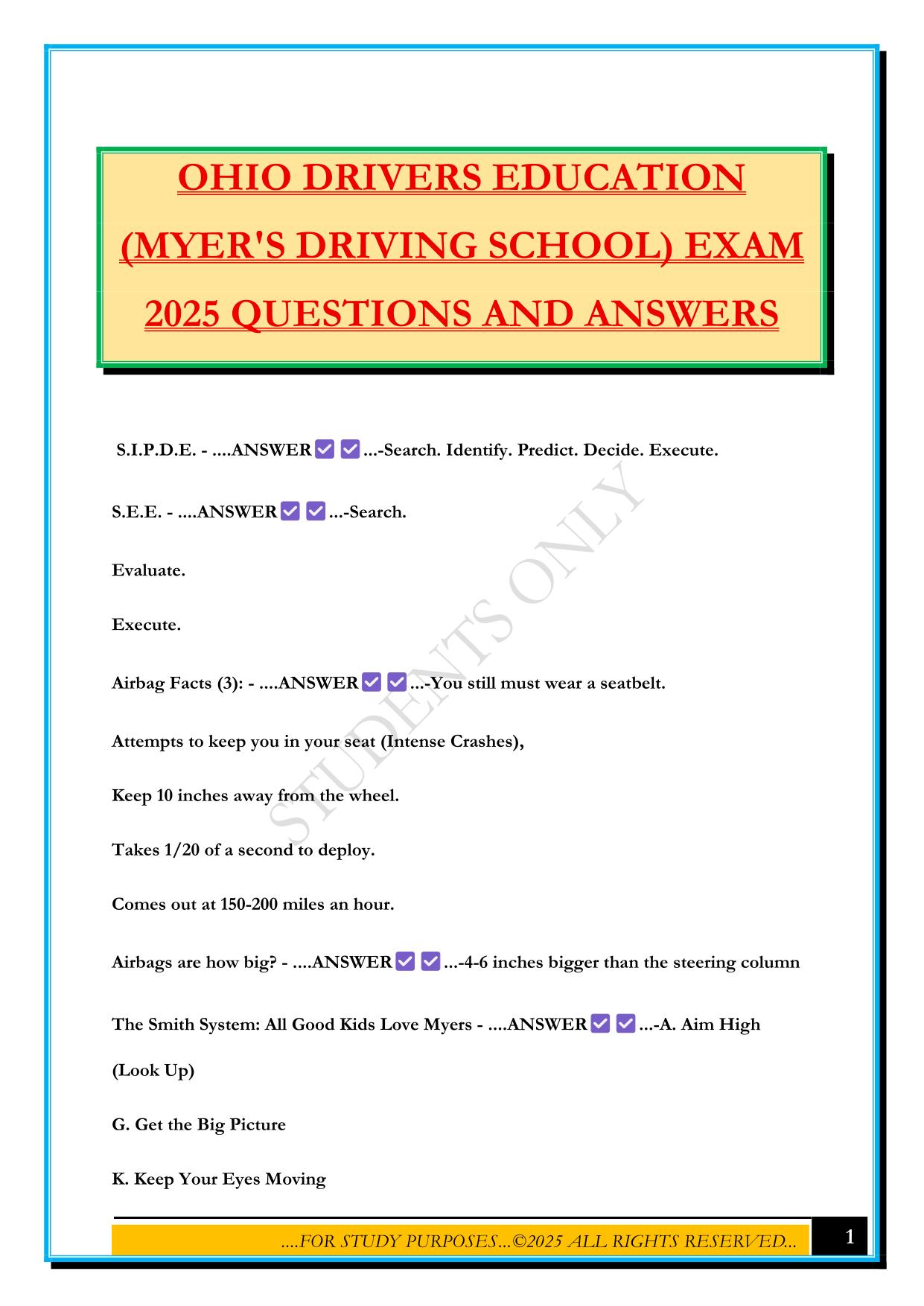 OHIO DRIVERS EDUCATION (MYER'S DRIVING SCHOOL) EXAM 2025 QUESTIONS AND ANSWERS
