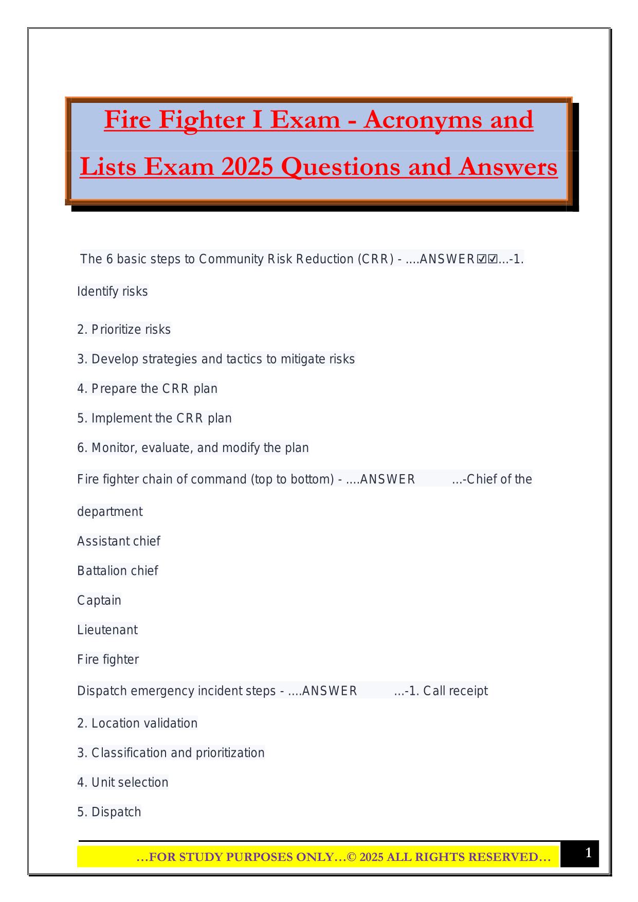 Fire Fighter I Exam - Acronyms and Lists Exam 2025 Questions and Answers