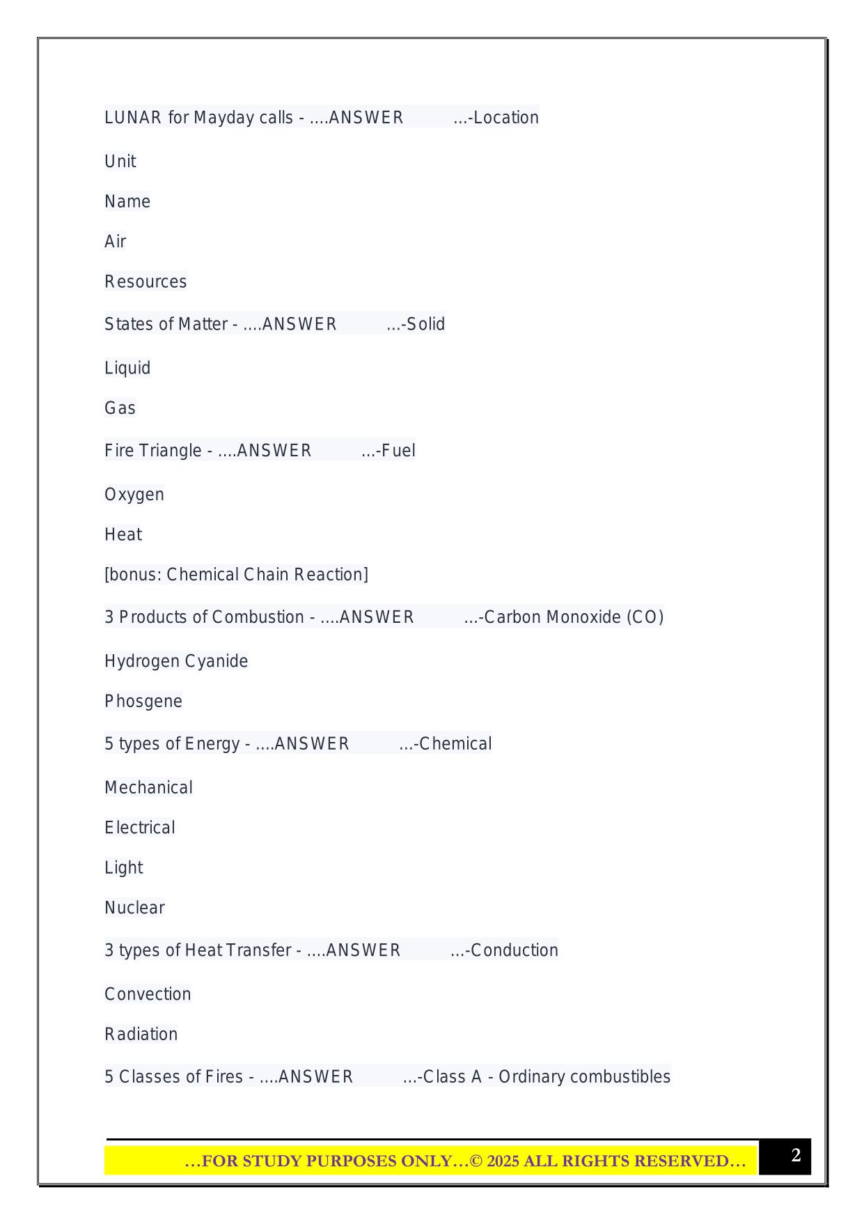 Fire Fighter I Exam - Acronyms and Lists Exam 2025 Questions and Answers