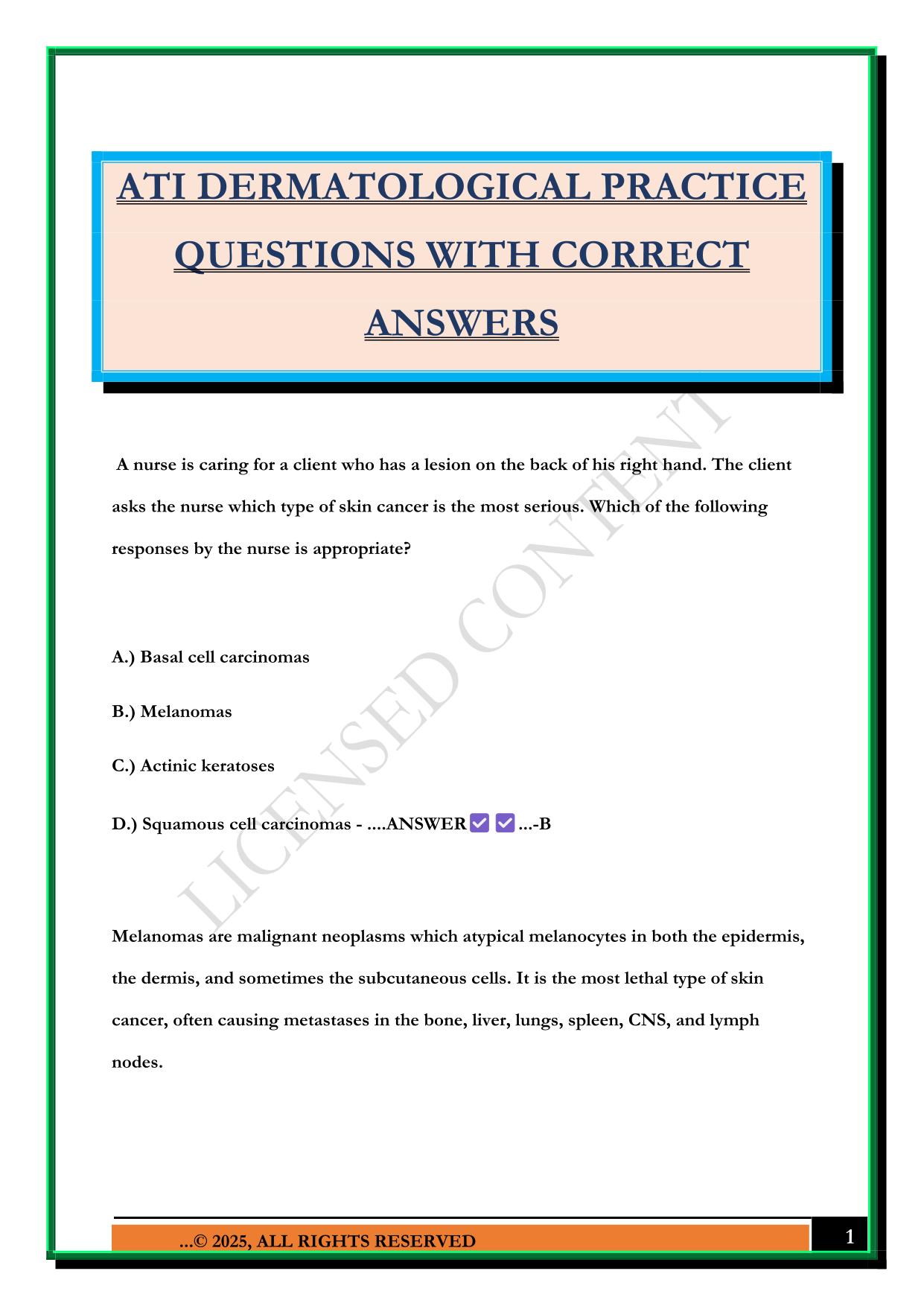 ATI DERMATOLOGICAL PRACTICE QUESTIONS WITH CORRECT ANSWERS