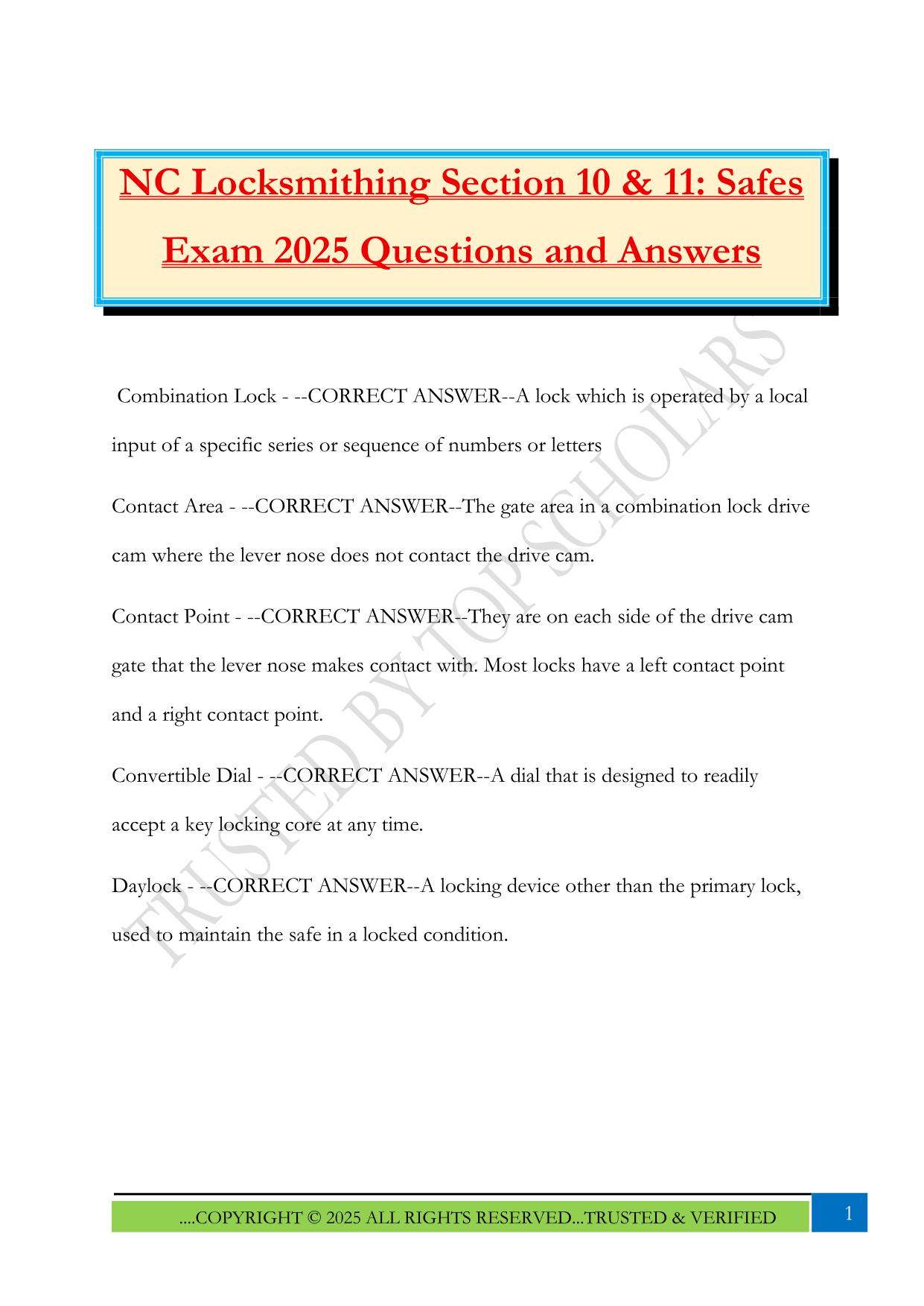 NC Locksmithing Section 10 & 11: Safes Exam 2025 Questions and Answers