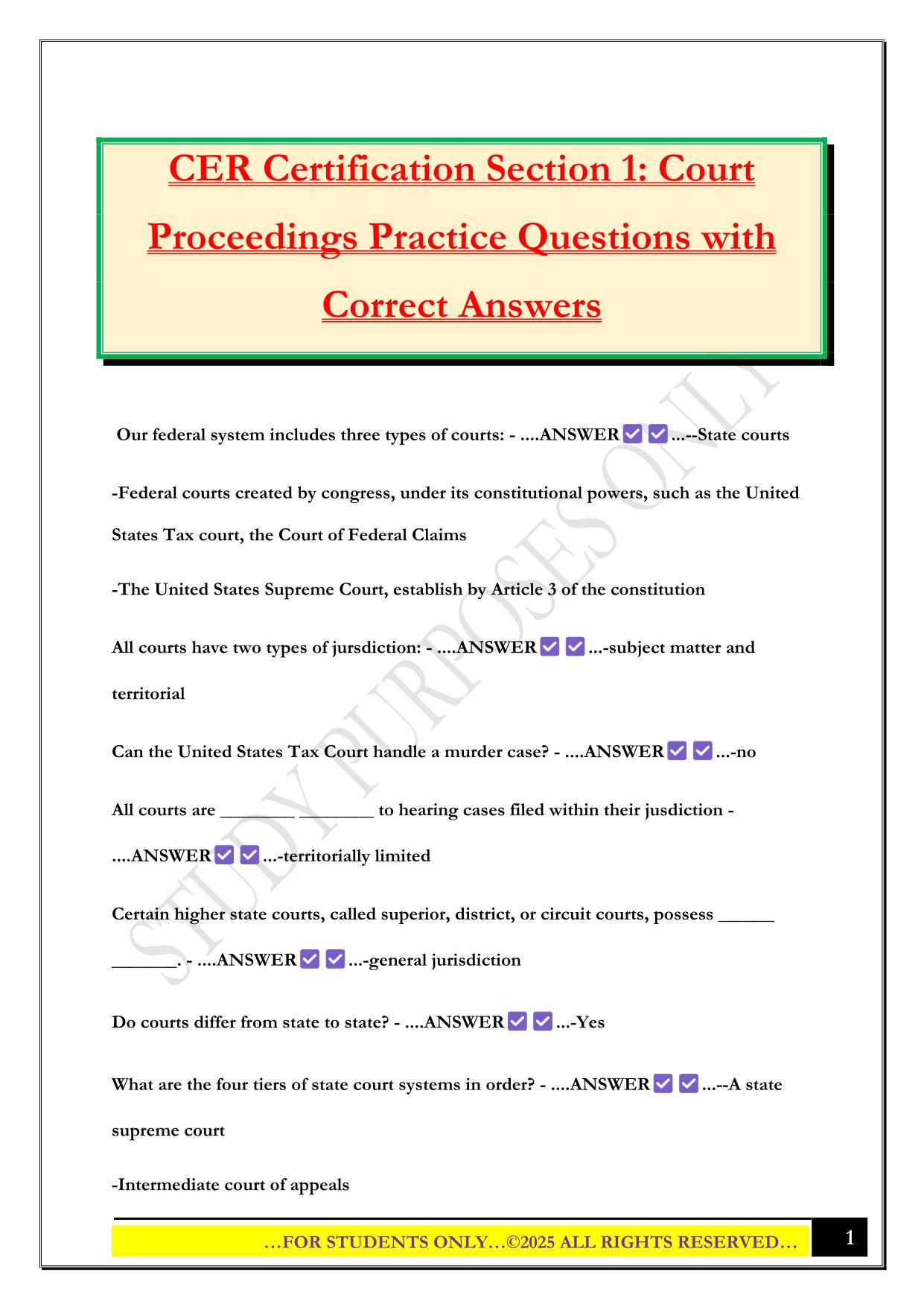 CER Certification Section 1: Court Proceedings Practice Questions with Correct Answers
