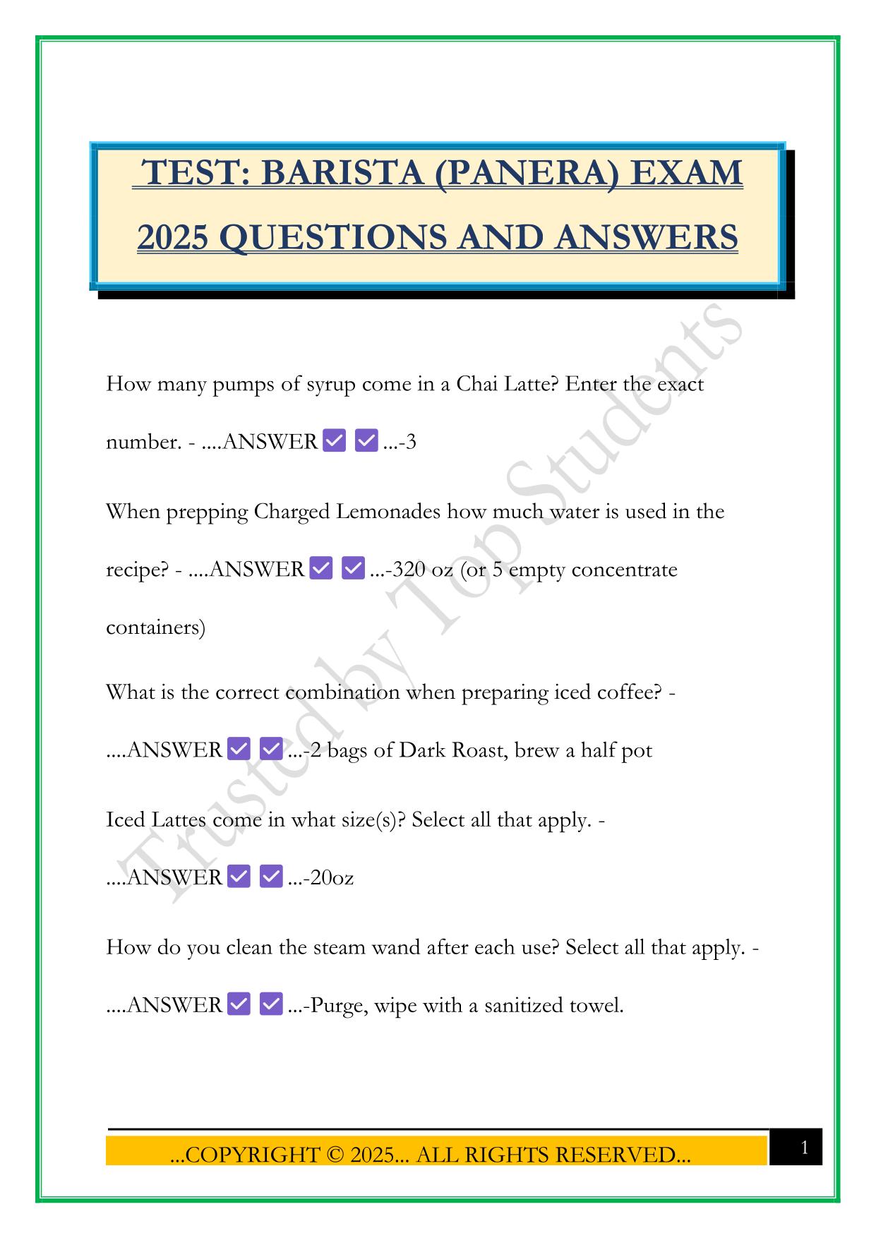TEST: BARISTA (PANERA) EXAM 2025 QUESTIONS AND ANSWERS