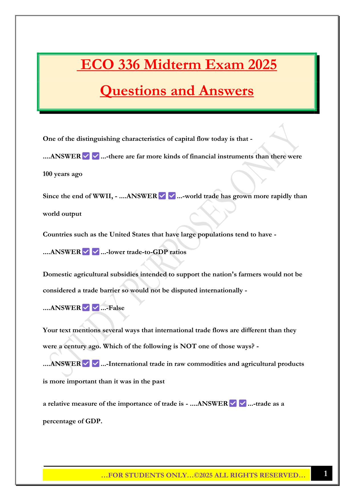 ECO 336 Bundled Exams 2025/2026 |Questions and Answers |100% Pass
