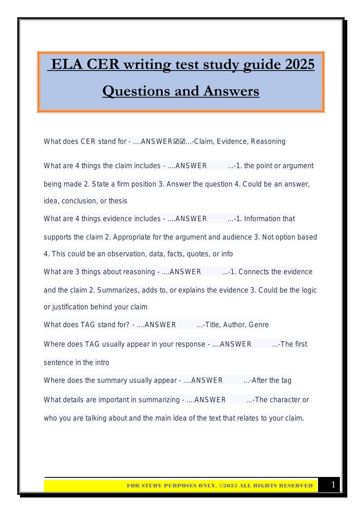ELA CER writing test study guide 2025 Questions and Answers