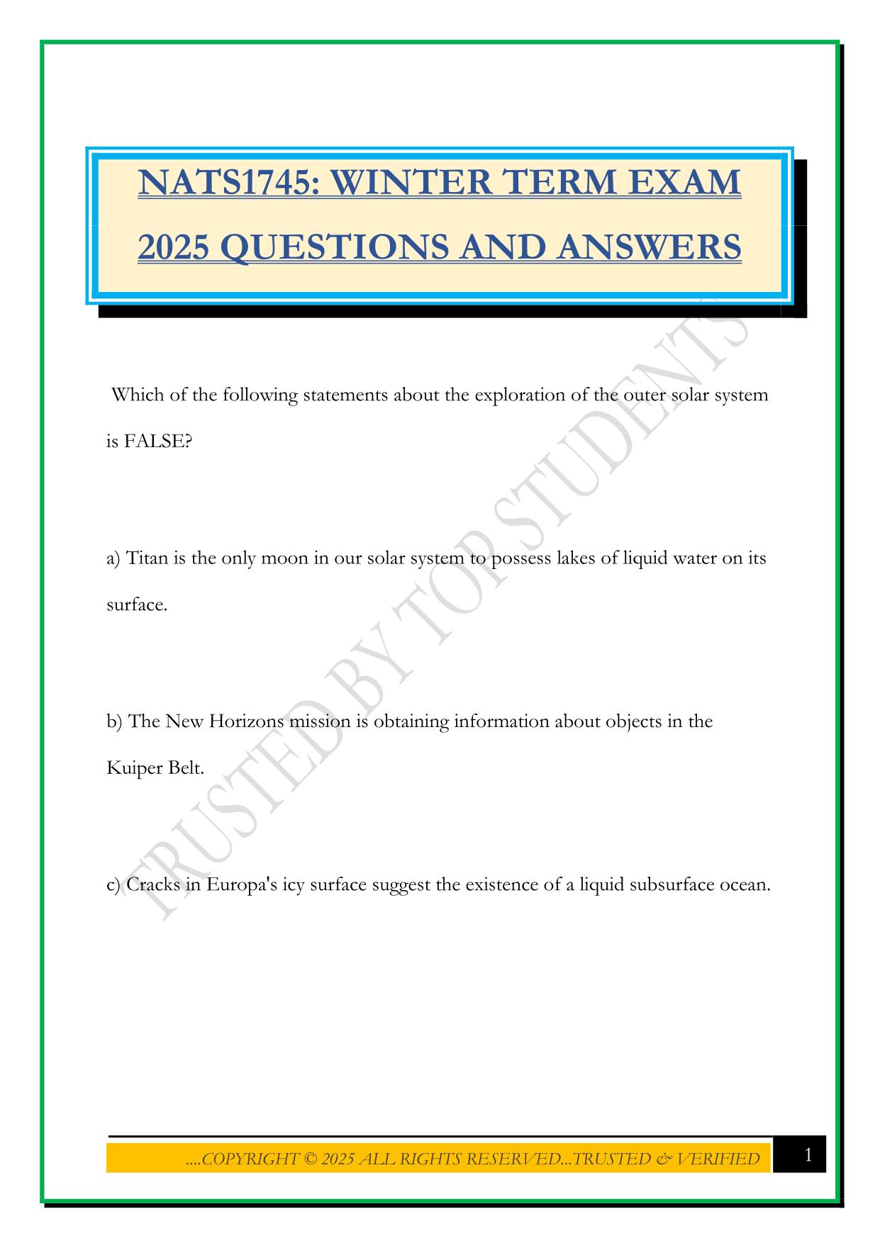NATS1745: WINTER TERM EXAM 2025 QUESTIONS AND ANSWERS