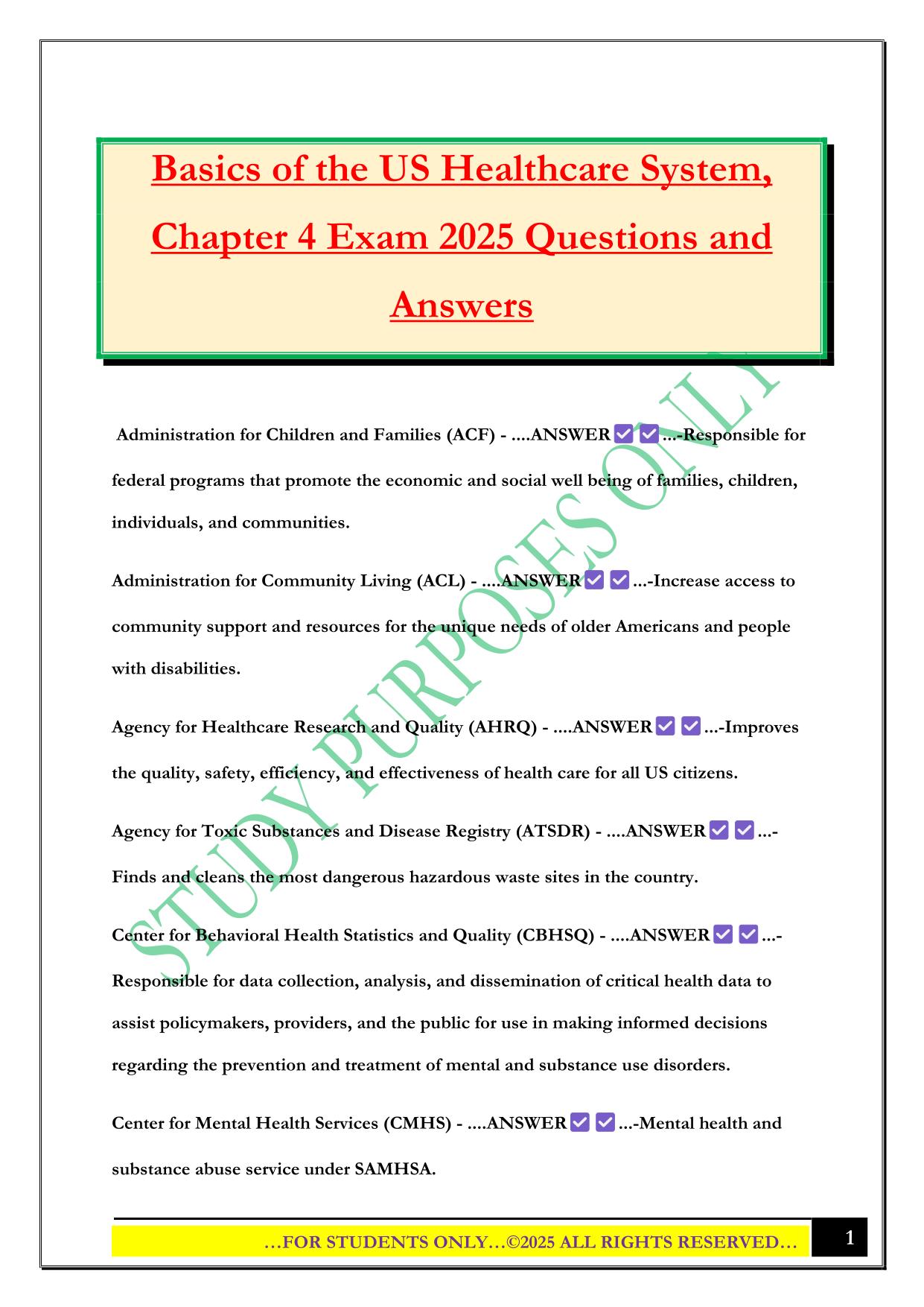 Basics of the US Healthcare System, Chapter 4 Exam 2025 Questions and Answers