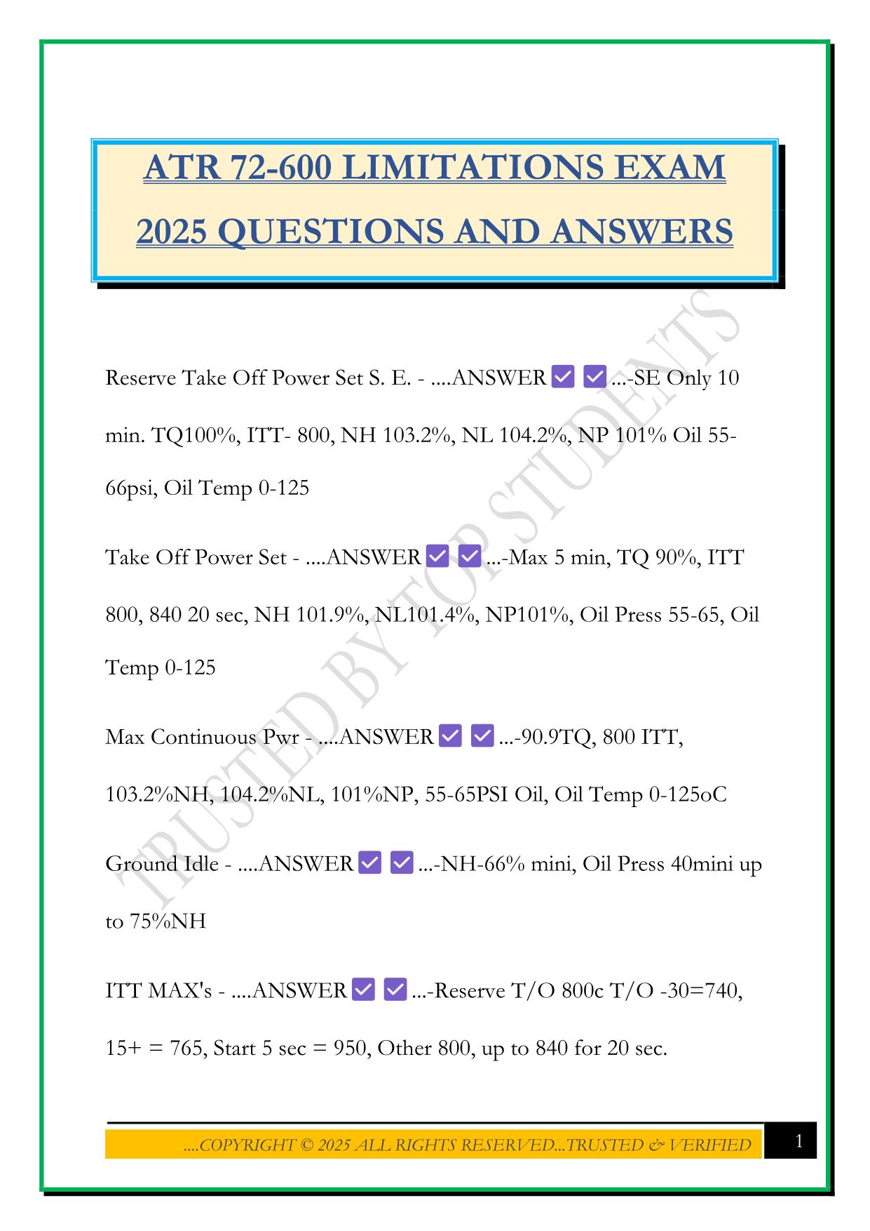 ATR 72-600 LIMITATIONS EXAM 2025 QUESTIONS AND ANSWERS