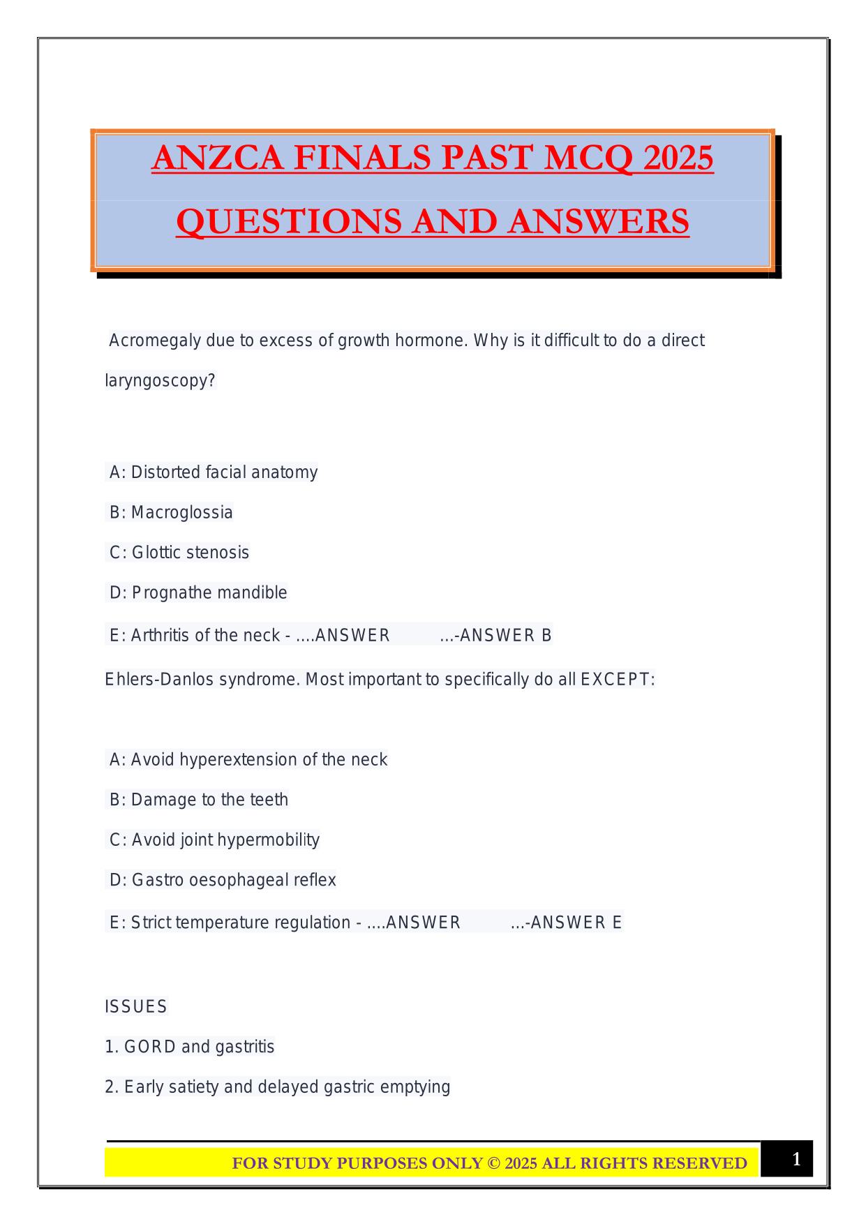 ANZCA FINALS PAST MCQ 2025 QUESTIONS AND ANSWERS