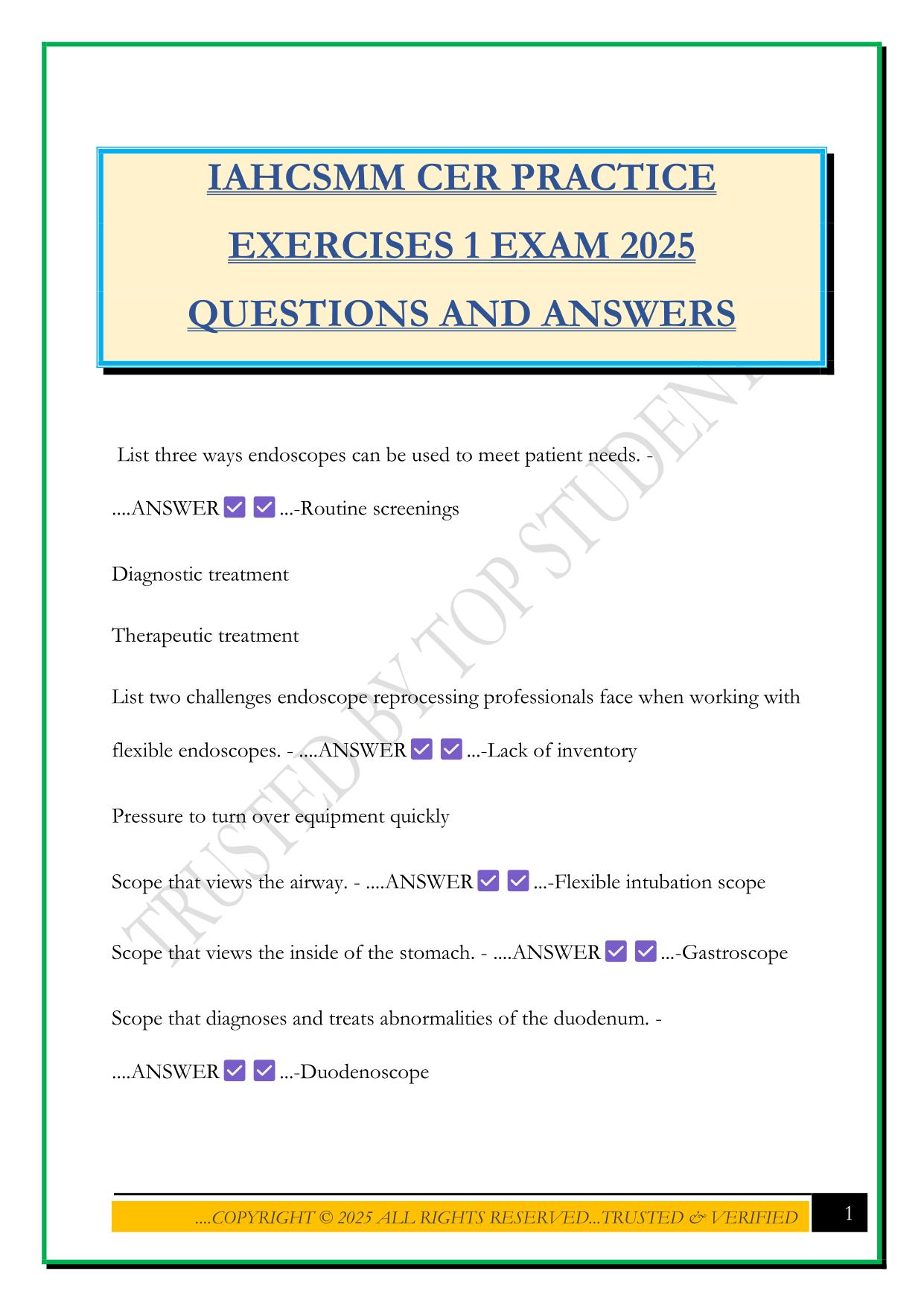 IAHCSMM CER PRACTICE EXERCISES 1 EXAM 2025 QUESTIONS AND ANSWERS