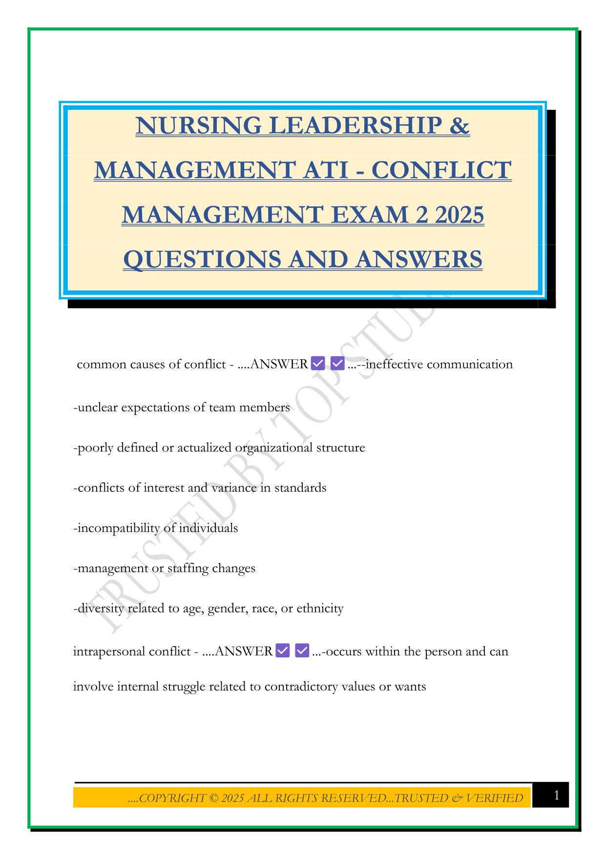 NURSING LEADERSHIP & MANAGEMENT ATI - CONFLICT MANAGEMENT EXAM 2 2025 QUESTIONS AND ANSWERS