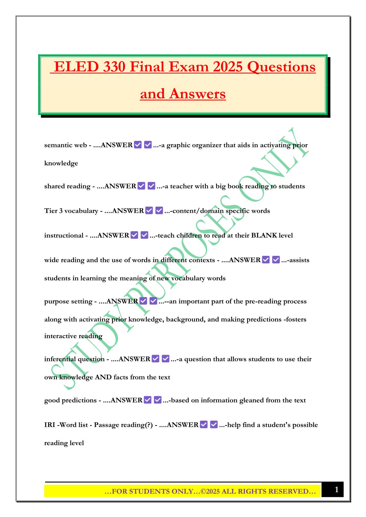 ELED 330 Final Exam 2025 Questions and Answers