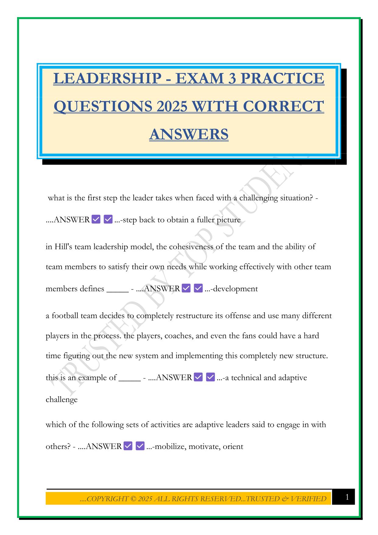 LEADERSHIP - EXAM 3 PRACTICE QUESTIONS 2025 WITH CORRECT ANSWERS