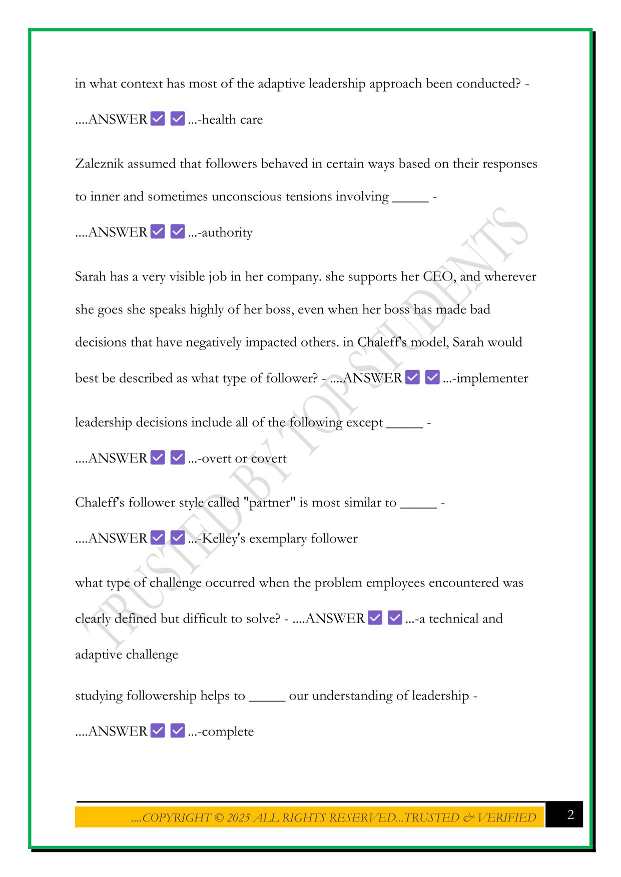 LEADERSHIP - EXAM 3 PRACTICE QUESTIONS 2025 WITH CORRECT ANSWERS