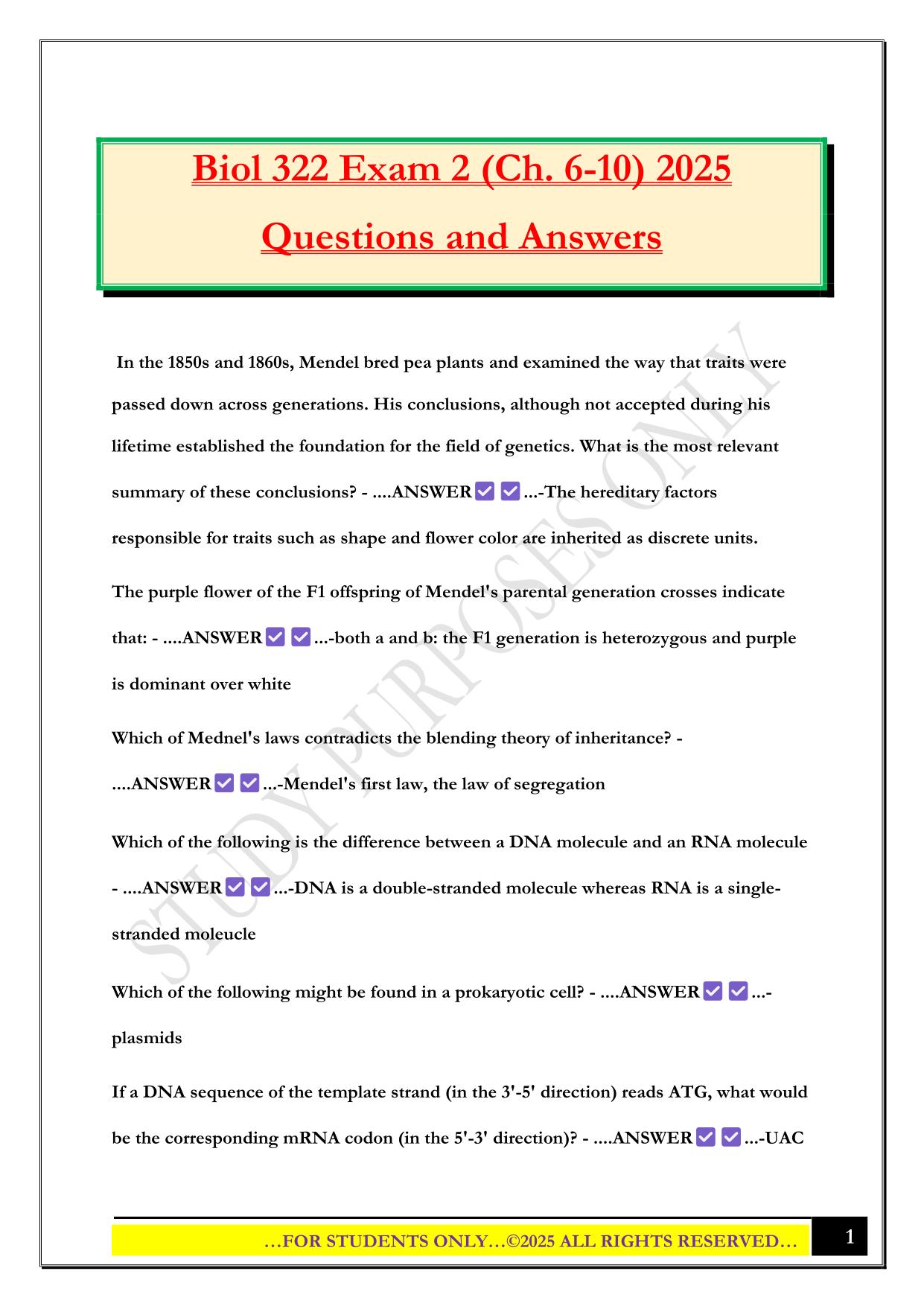 Biol 322 Exam 2 (Ch. 6-10) 2025 Questions and Answers