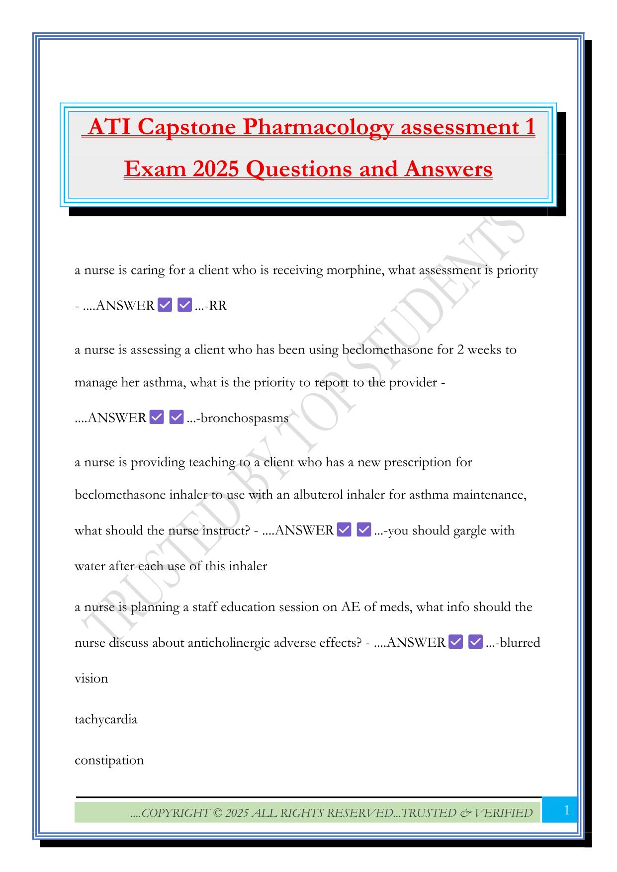 ATI Capstone Pharmacology assessment 1 Exam 2025 Questions and Answers