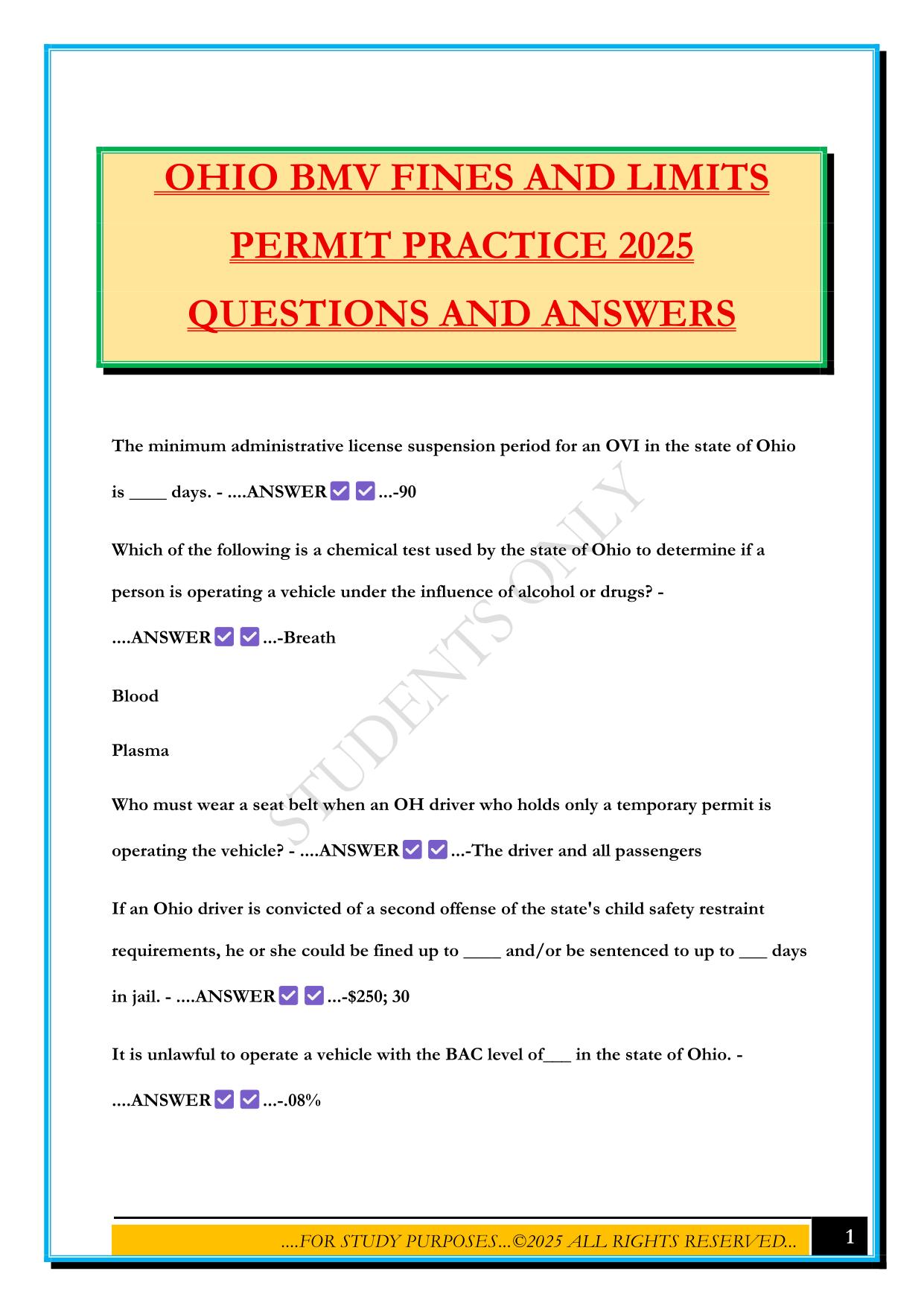 OHIO BMV FINES AND LIMITS PERMIT PRACTICE 2025 QUESTIONS AND ANSWERS