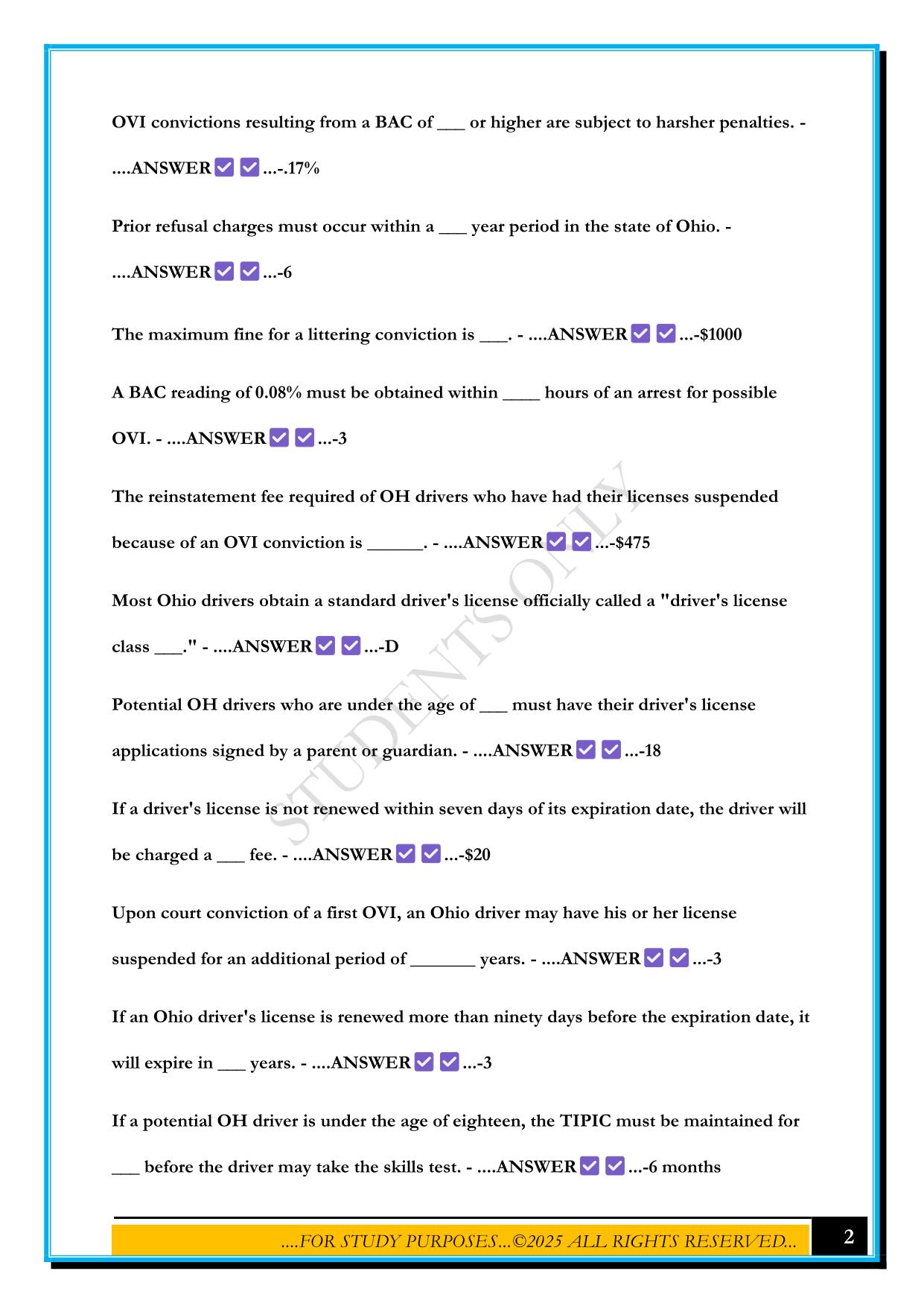 OHIO BMV FINES AND LIMITS PERMIT PRACTICE 2025 QUESTIONS AND ANSWERS
