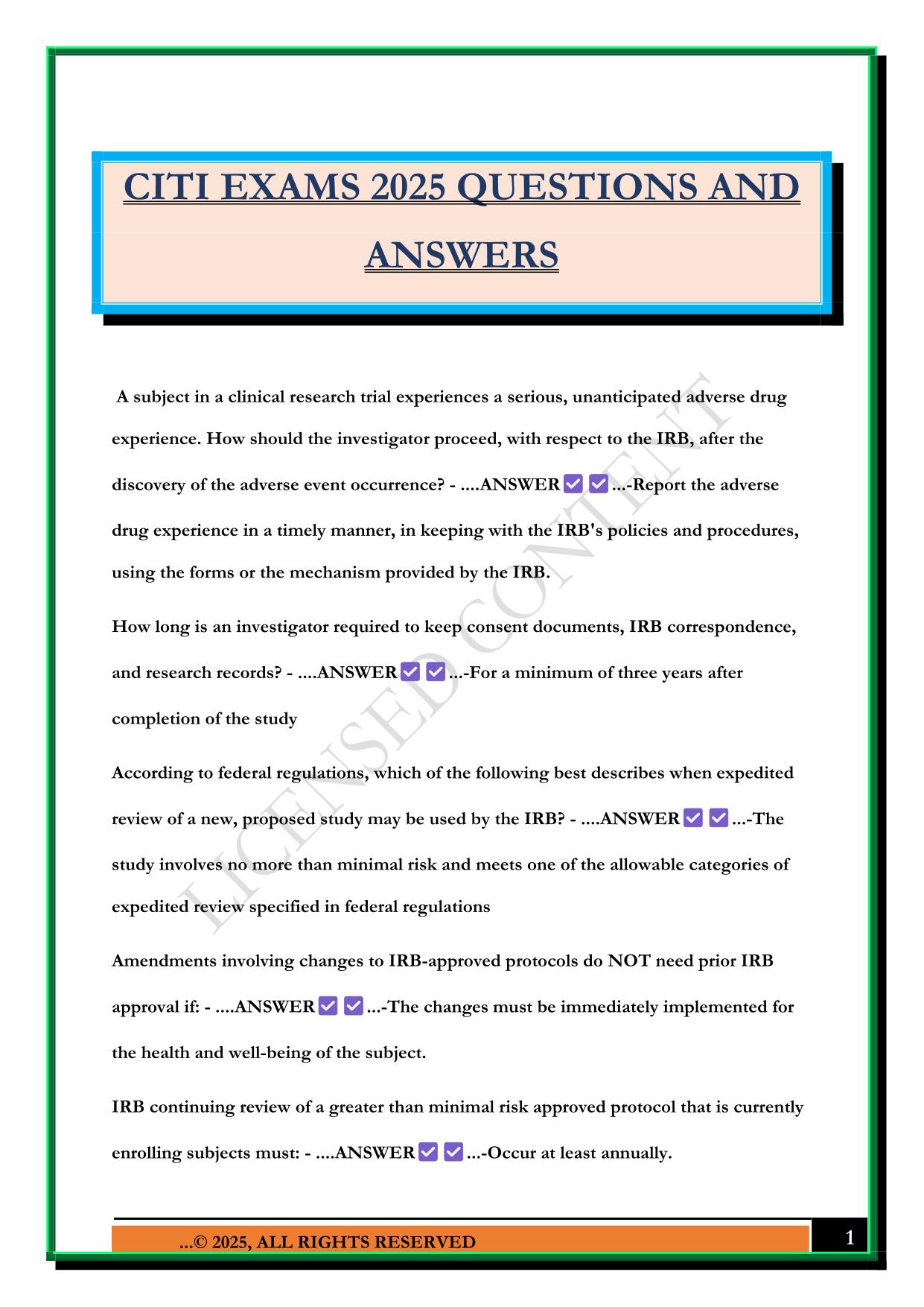 CITI EXAMS 2025 QUESTIONS AND ANSWERS