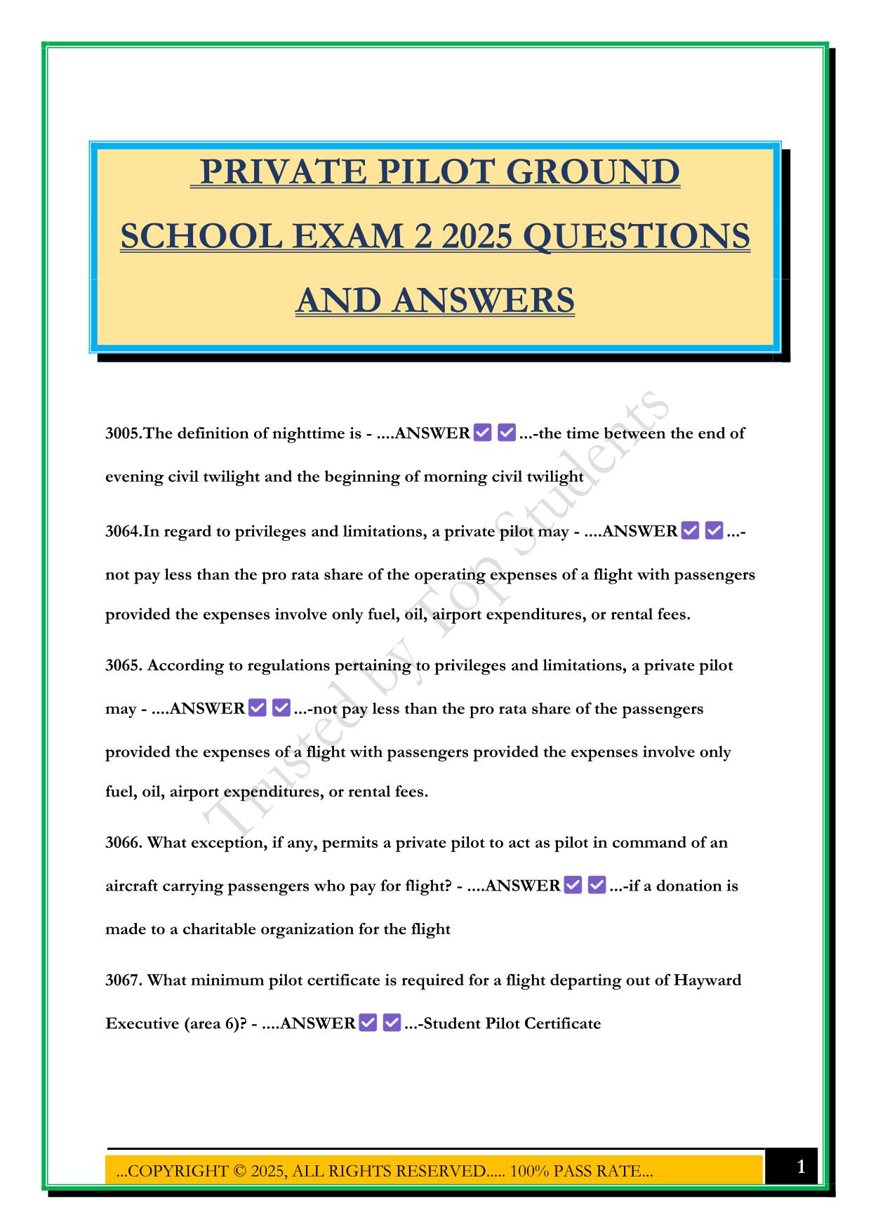 PRIVATE PILOT GROUND SCHOOL EXAM 2 2025 QUESTIONS AND ANSWERS