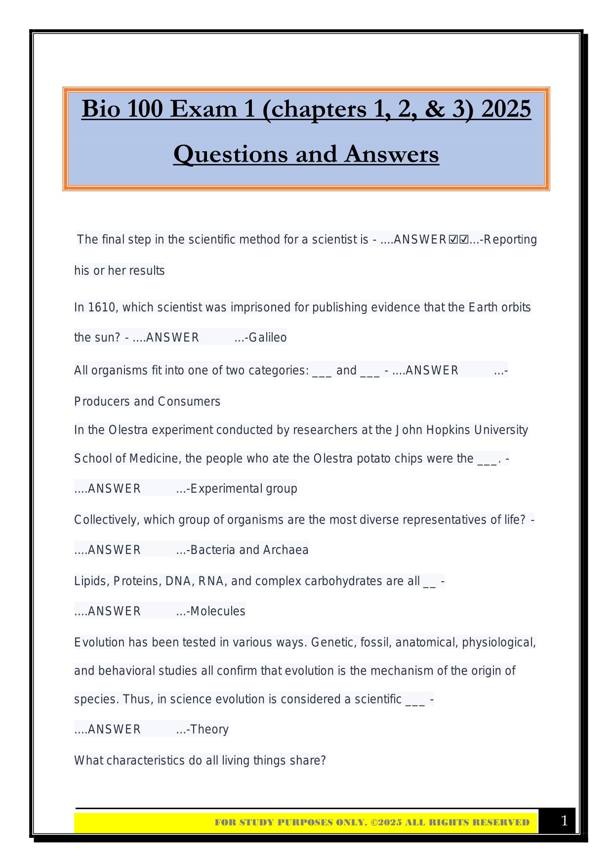 Bio 100 Exam 1 (chapters 1, 2, & 3) 2025 Questions and Answers