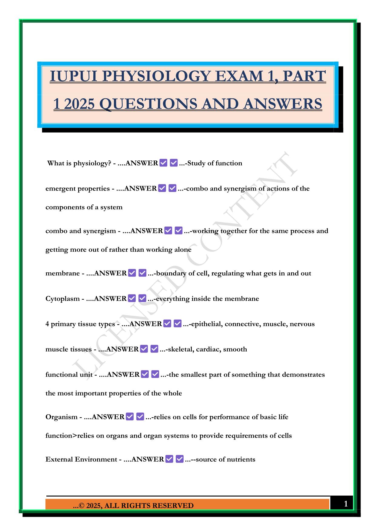 IUPUI PHYSIOLOGY EXAM 1, PART 1 2025 QUESTIONS AND ANSWERS