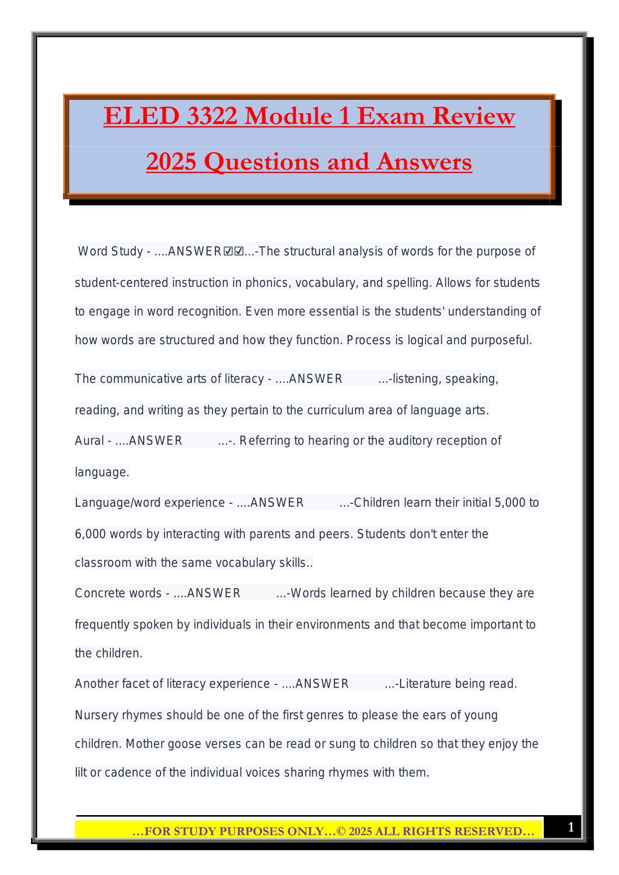 ELED 3322 Module 1 Exam Review 2025 Questions and Answers