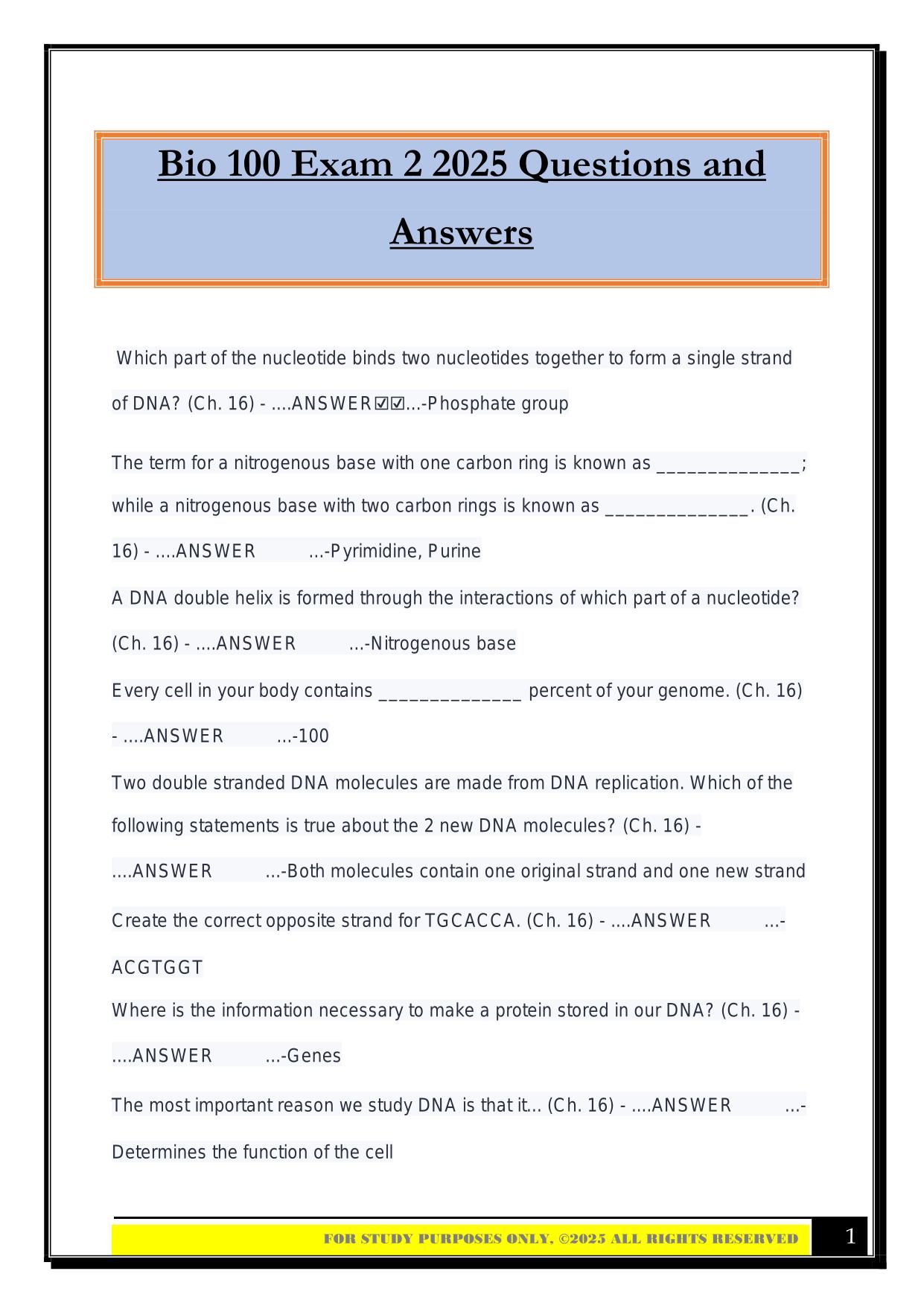 Bio 100 Exam 2 2025 Questions and Answers