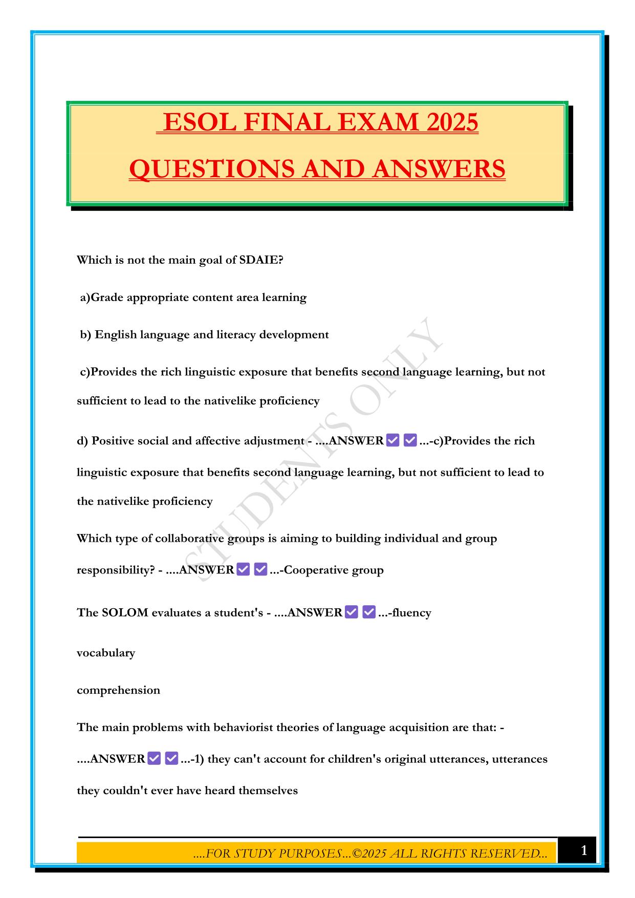 ESOL FINAL EXAM 2025 QUESTIONS AND ANSWERS