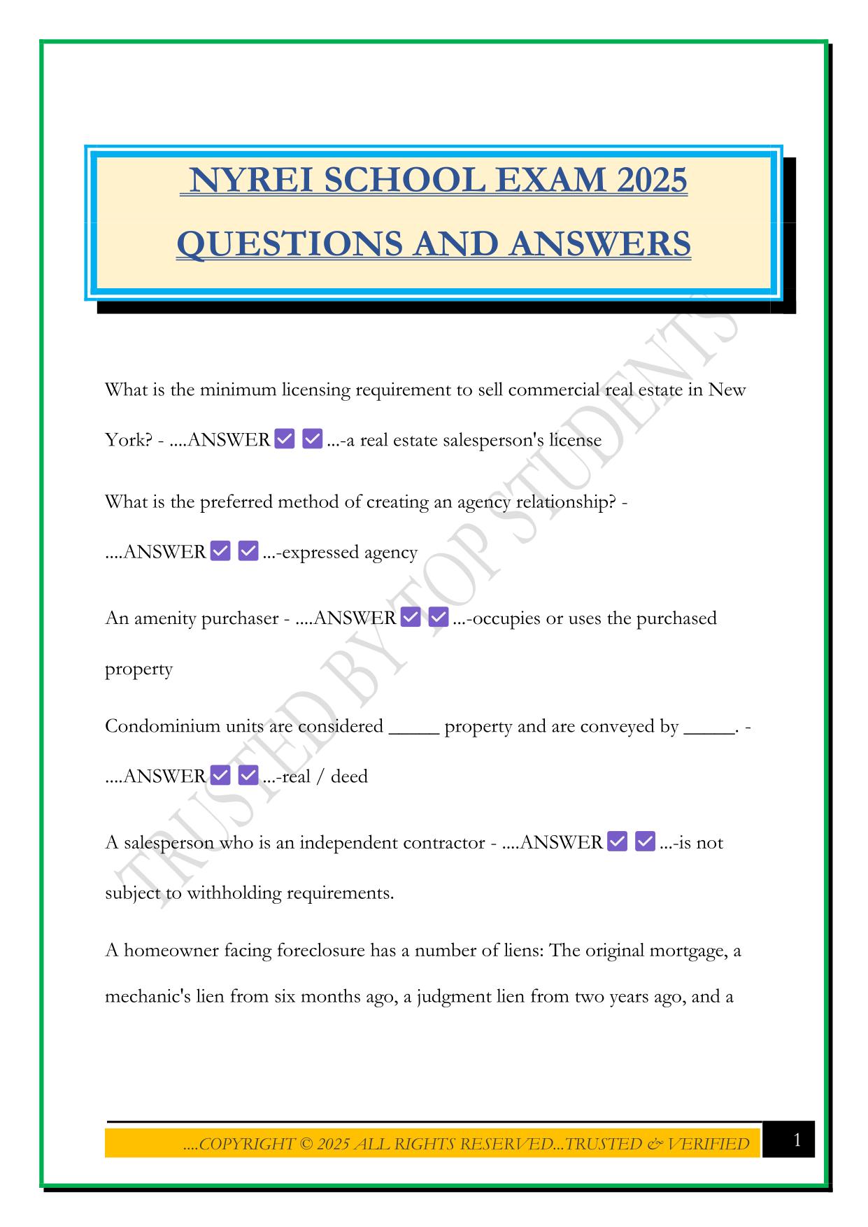 NYREI SCHOOL EXAM 2025 QUESTIONS AND ANSWERS