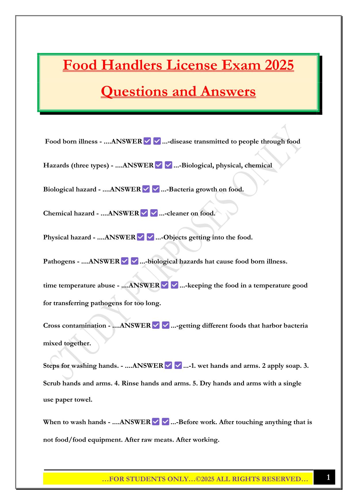 Food Handlers License Exam 2025 Questions and Answers