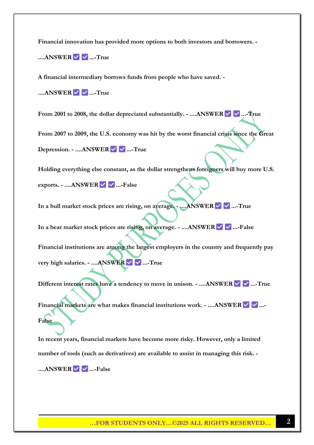 Financial Markets and Institutions Exam 2025 Questions and Answers