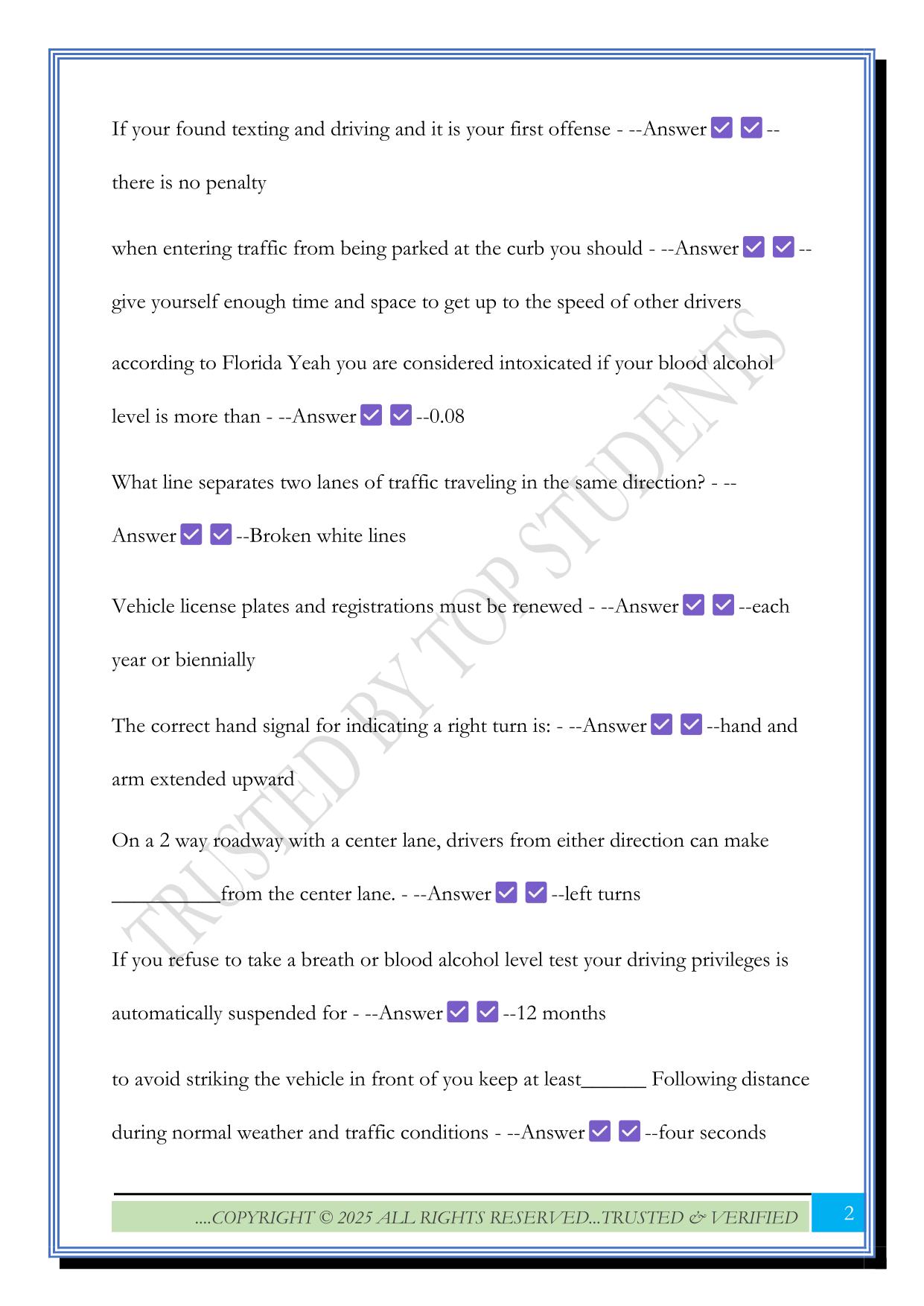 CLASS E DRIVER'S KNOWLEDGE EXAM 2025 QUESTIONS AND ANSWERS