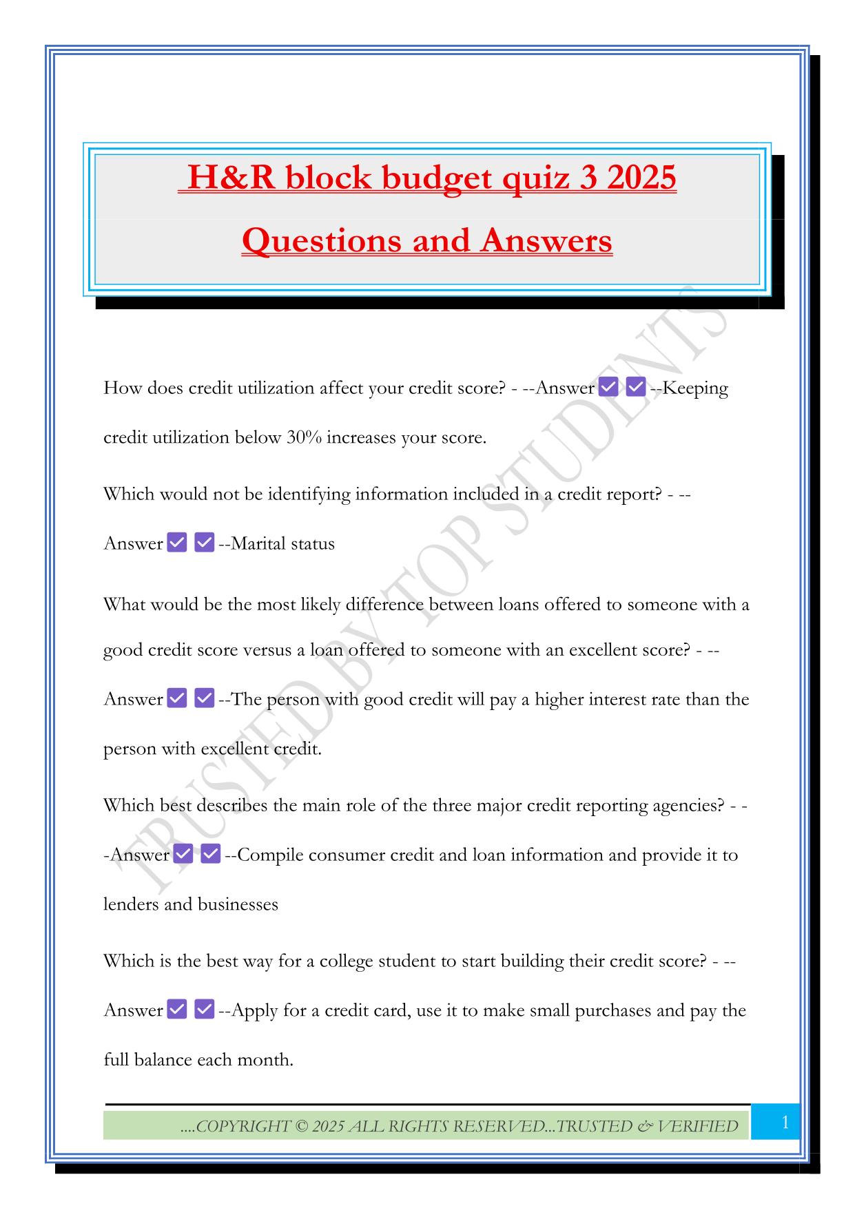 H&R block budget quiz 3 2025 Questions and Answers