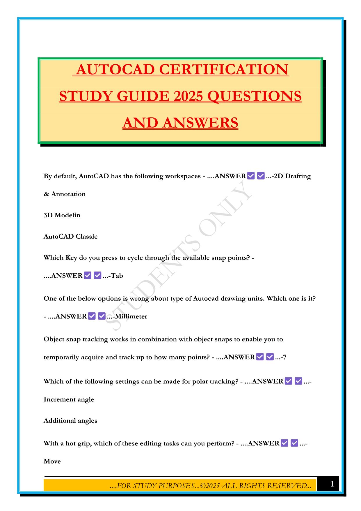 AUTOCAD CERTIFICATION STUDY GUIDE 2025 QUESTIONS AND ANSWERS
