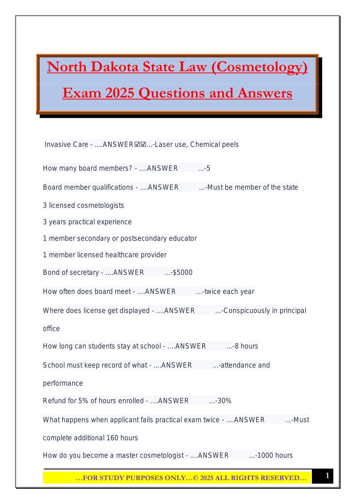 North Dakota State Law (Cosmetology) Exam 2025 Questions and Answers