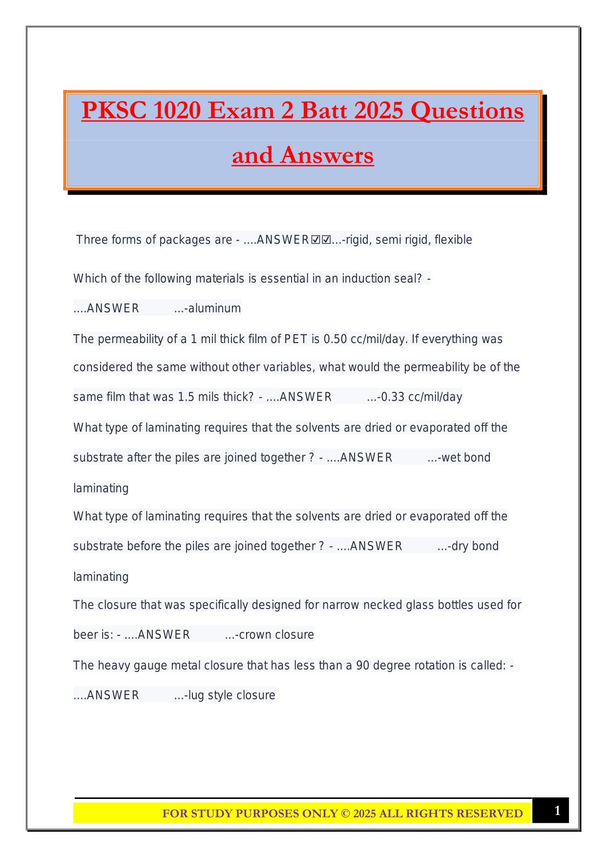 PKSC 1020 Exam 2 Batt 2025 Questions and Answers