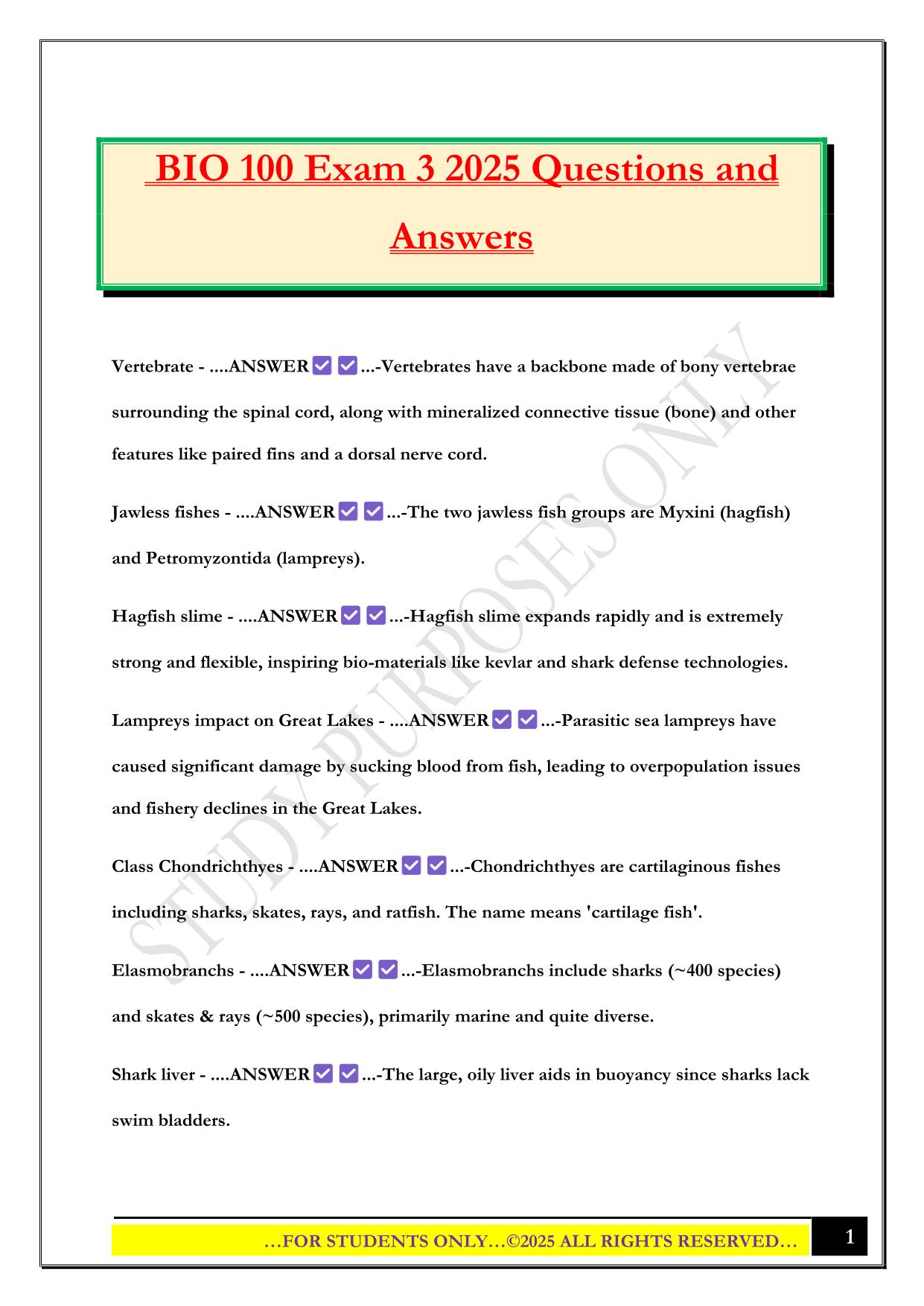 BIO 100 Exam 3 2025 Questions and Answers