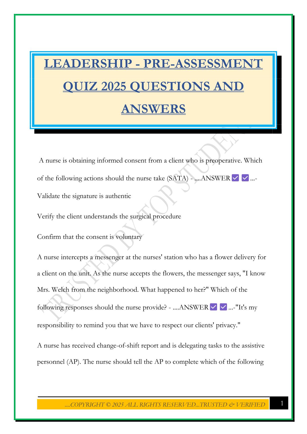 LEADERSHIP - PRE-ASSESSMENT QUIZ 2025 QUESTIONS AND ANSWERS
