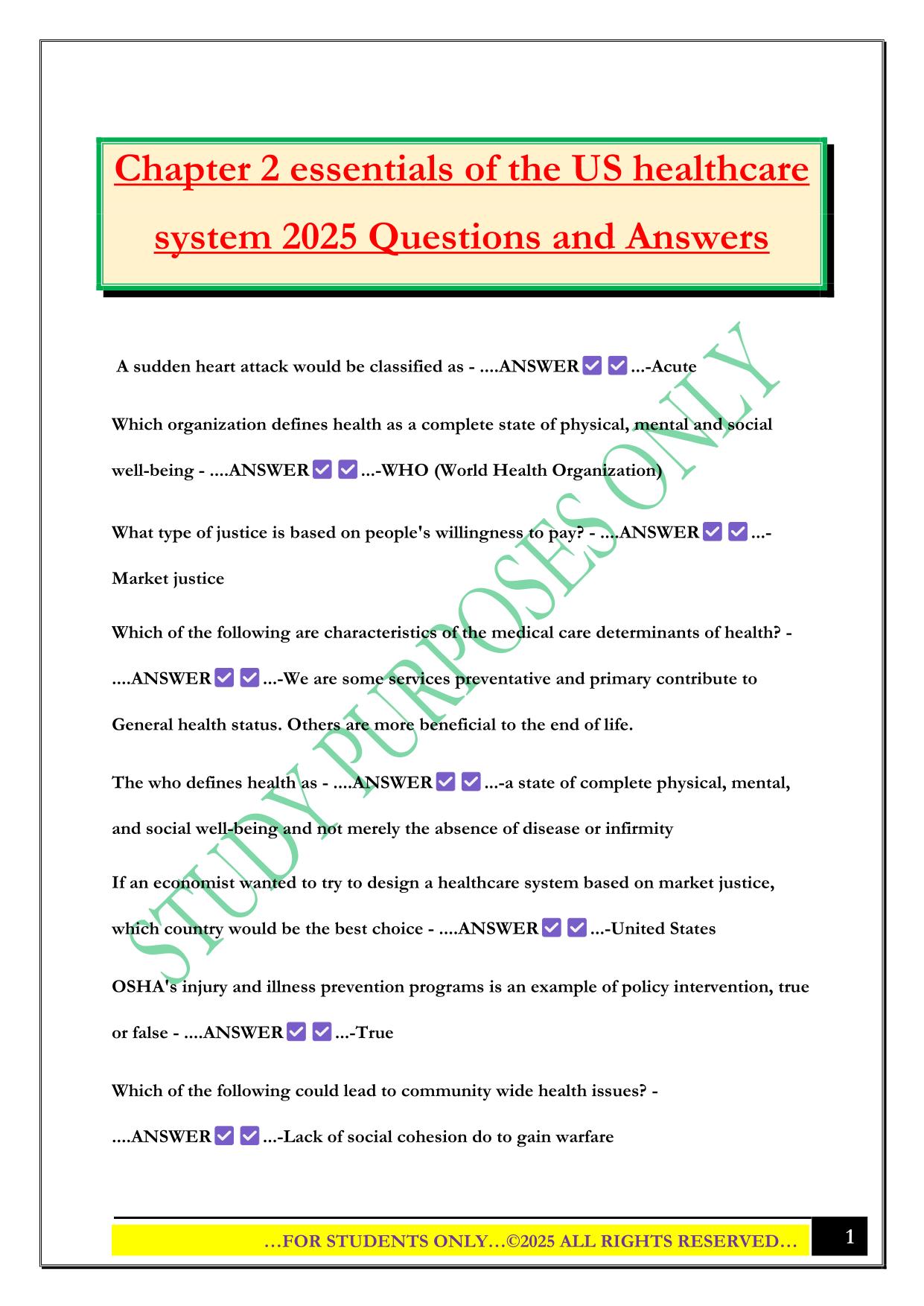 Chapter 2 essentials of the US healthcare system 2025 Questions and Answers