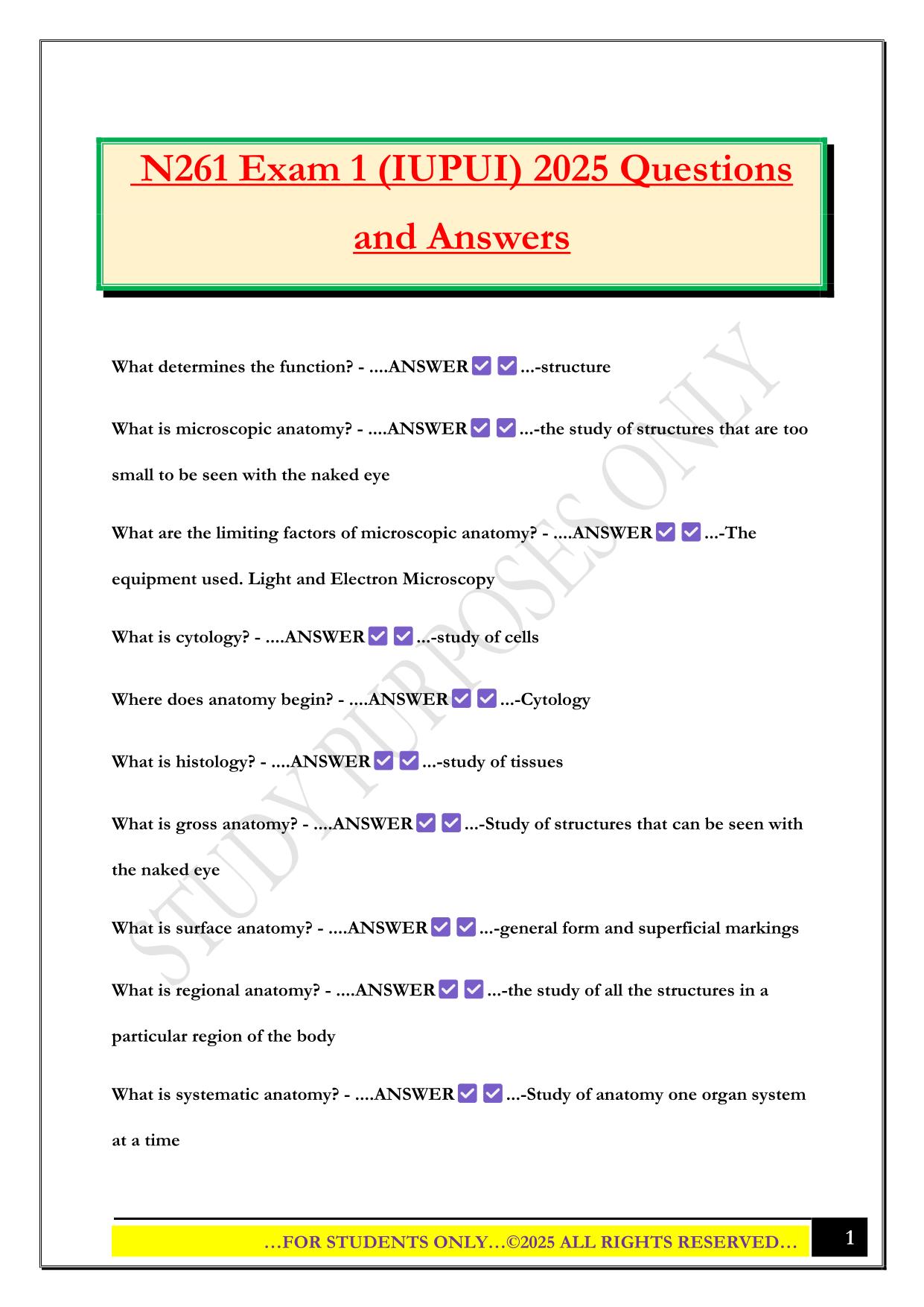 N261 Exam 1 (IUPUI) 2025 Questions and Answers