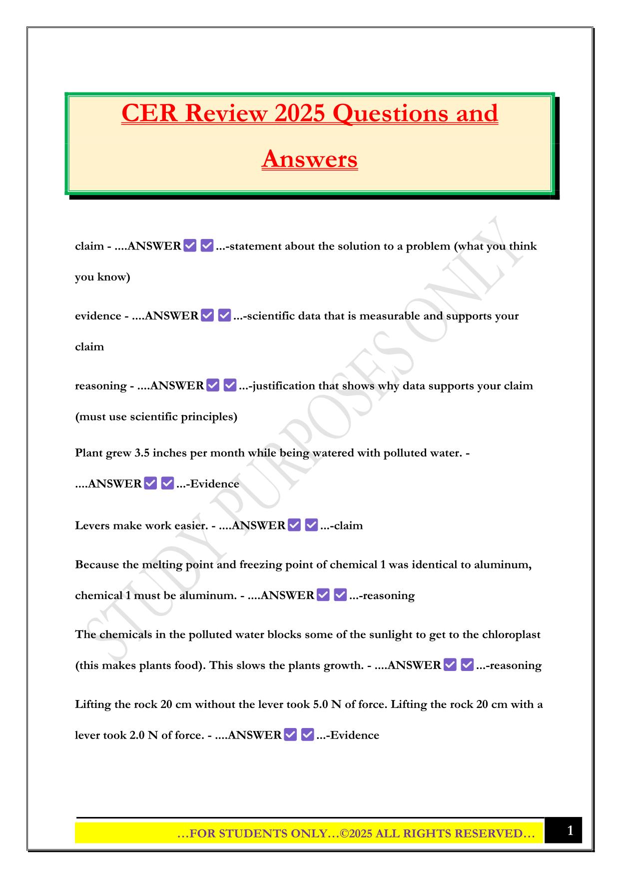 CER Review 2025 Questions and Answers