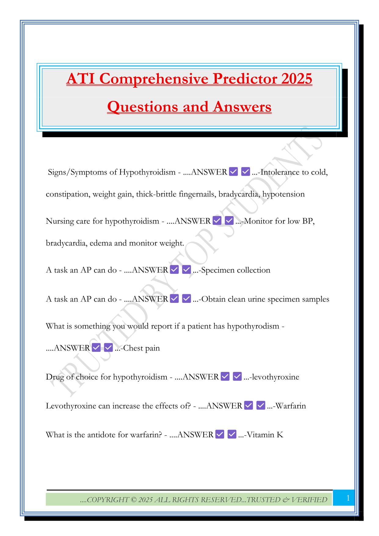 ATI Comprehensive Predictor 2025 Questions and Answers
