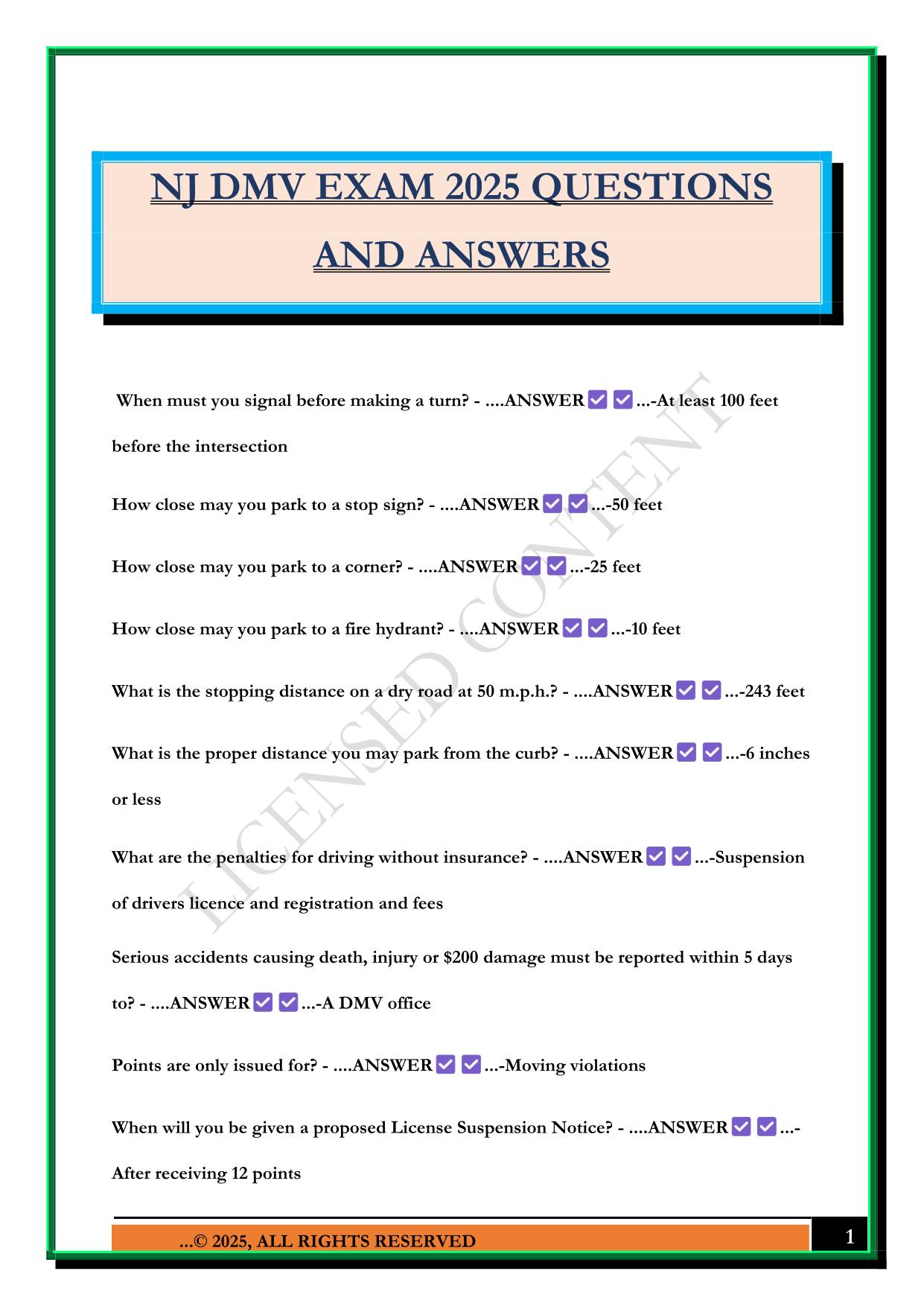 NJ DMV EXAM 2025 QUESTIONS AND ANSWERS