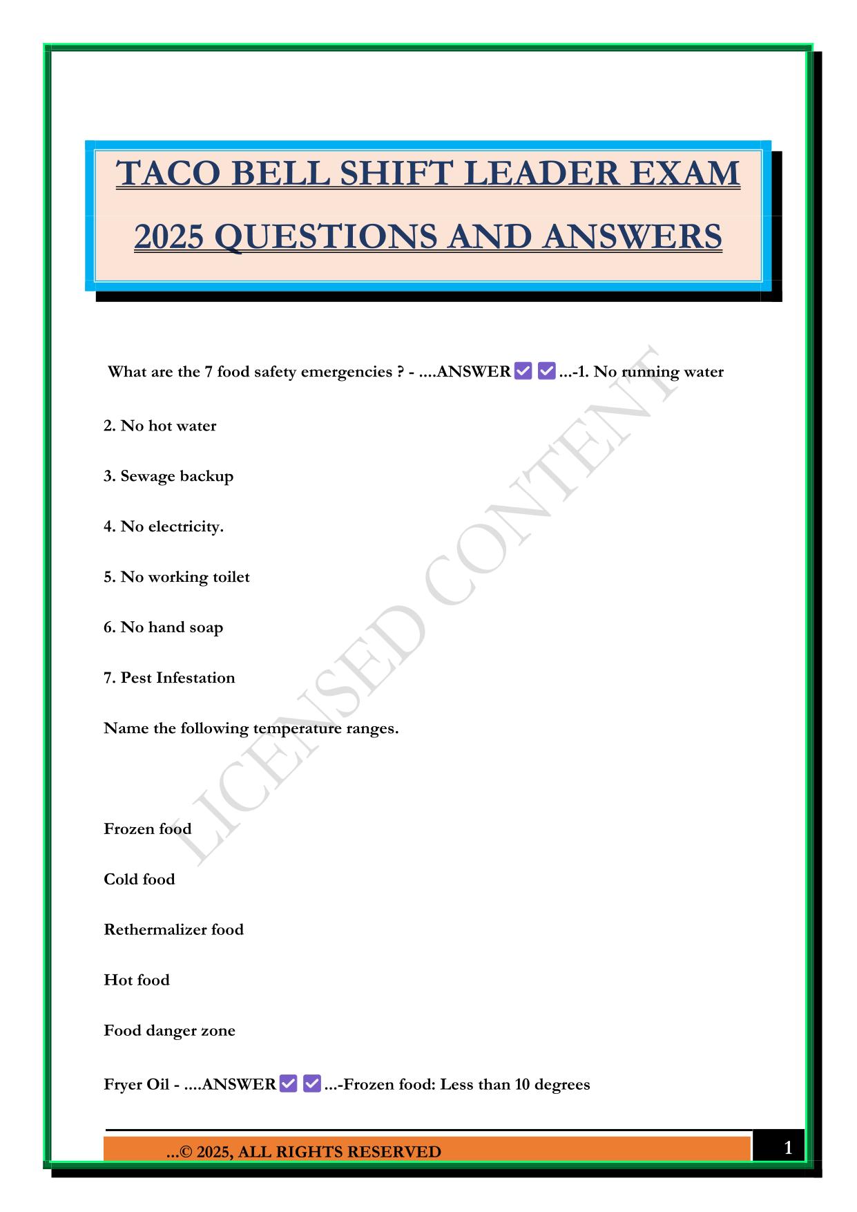 TACO BELL SHIFT LEADER EXAM 2025 QUESTIONS AND ANSWERS
