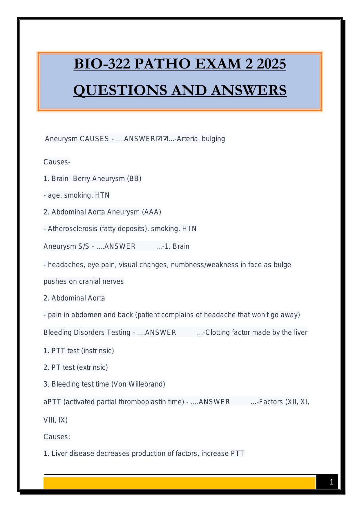 BIO-322 PATHO EXAM 2 2025 QUESTIONS AND ANSWERS