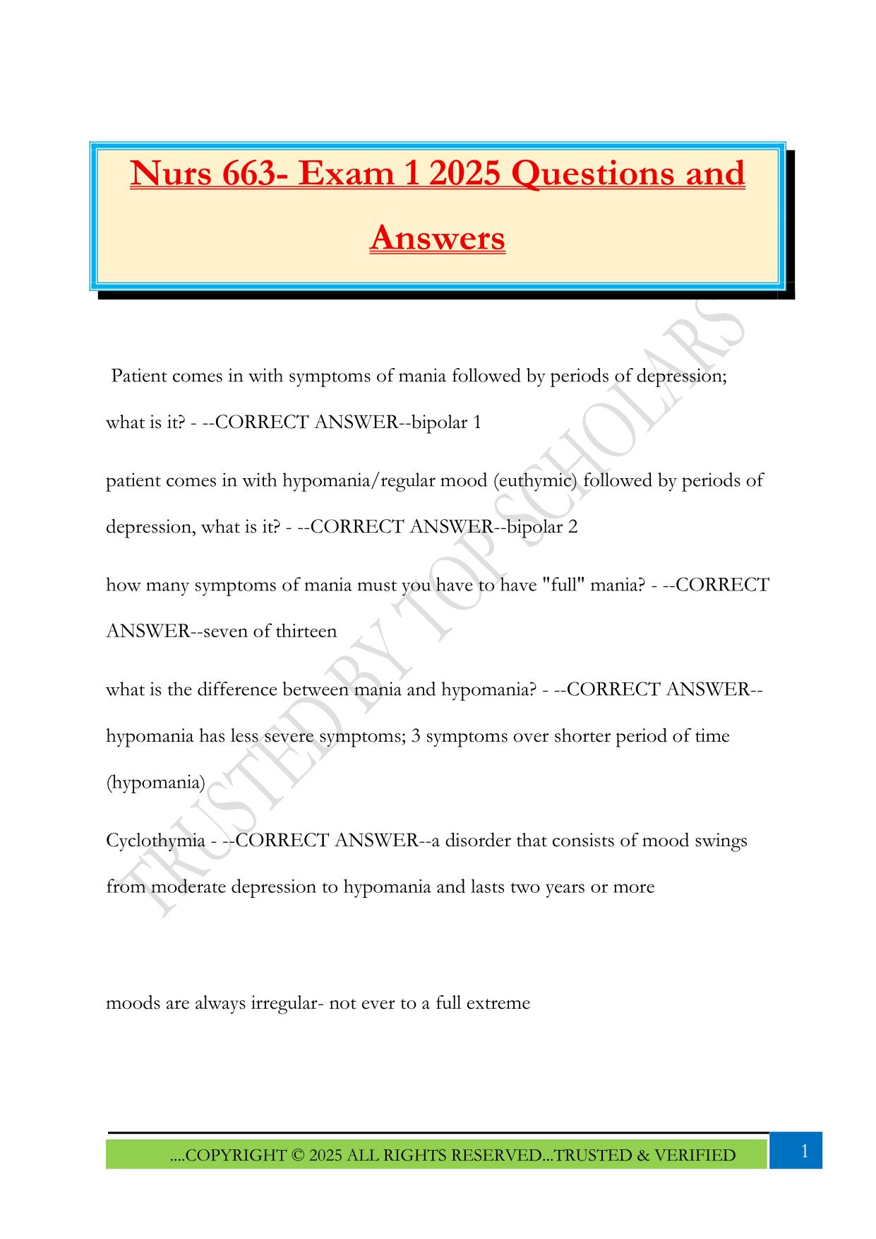 Nurs 663- Exam 1 2025 Questions and Answers