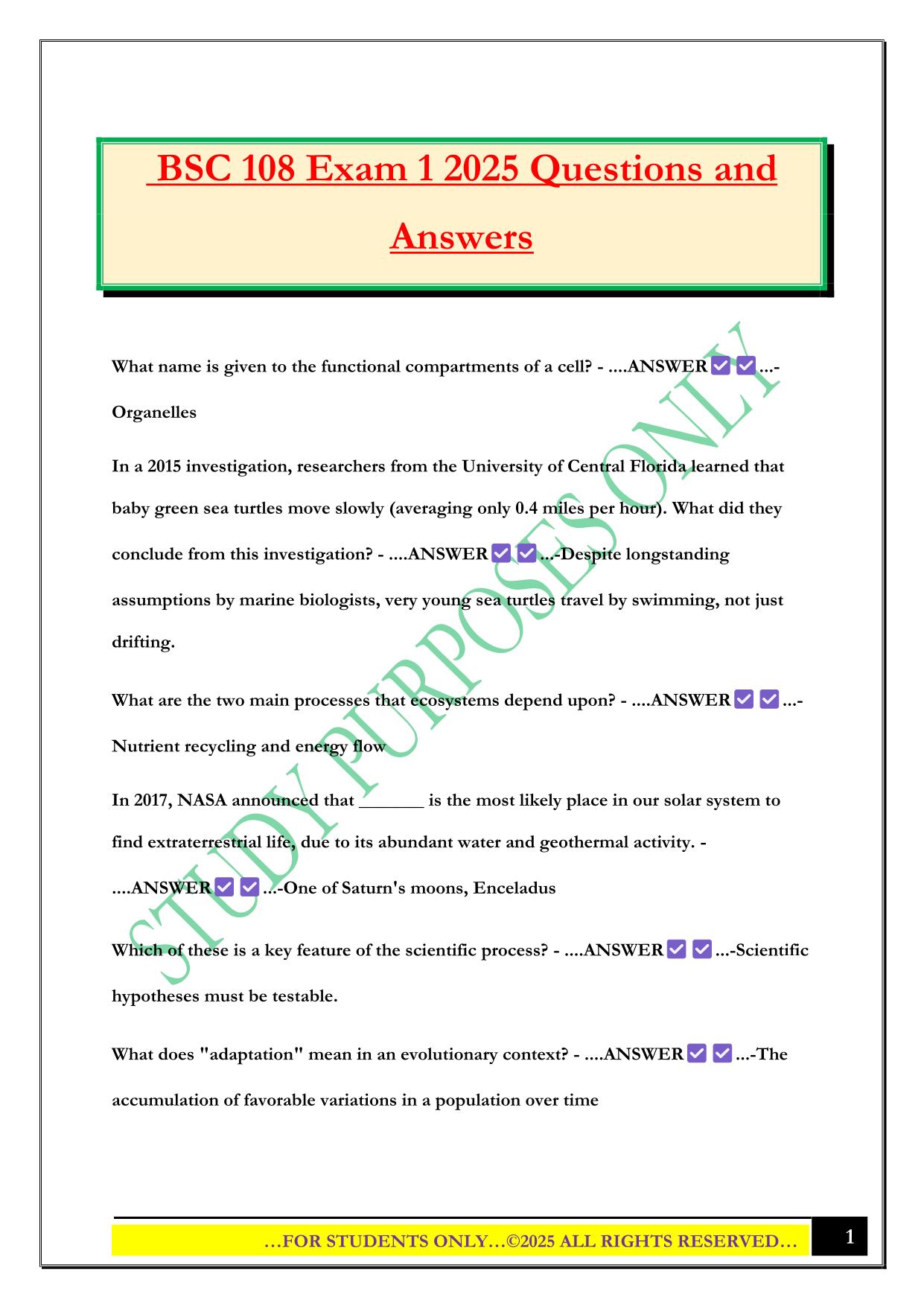 BSC 108 Exam 1 2025 Questions and Answers